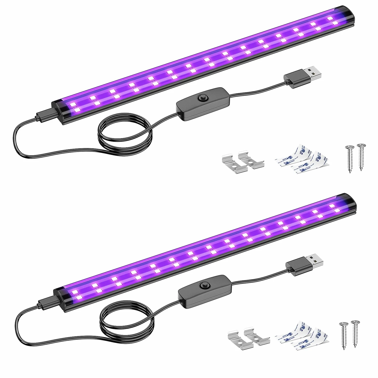 Onforu Listwa świetlna LED o mocy 10 W, 0,3 m, czarna rurka USB, czarne światło do fluorescencyjnego plakatu gobelinowego, szafki, świecącej imprezy, Halloween, farba do ciała, 2 szt