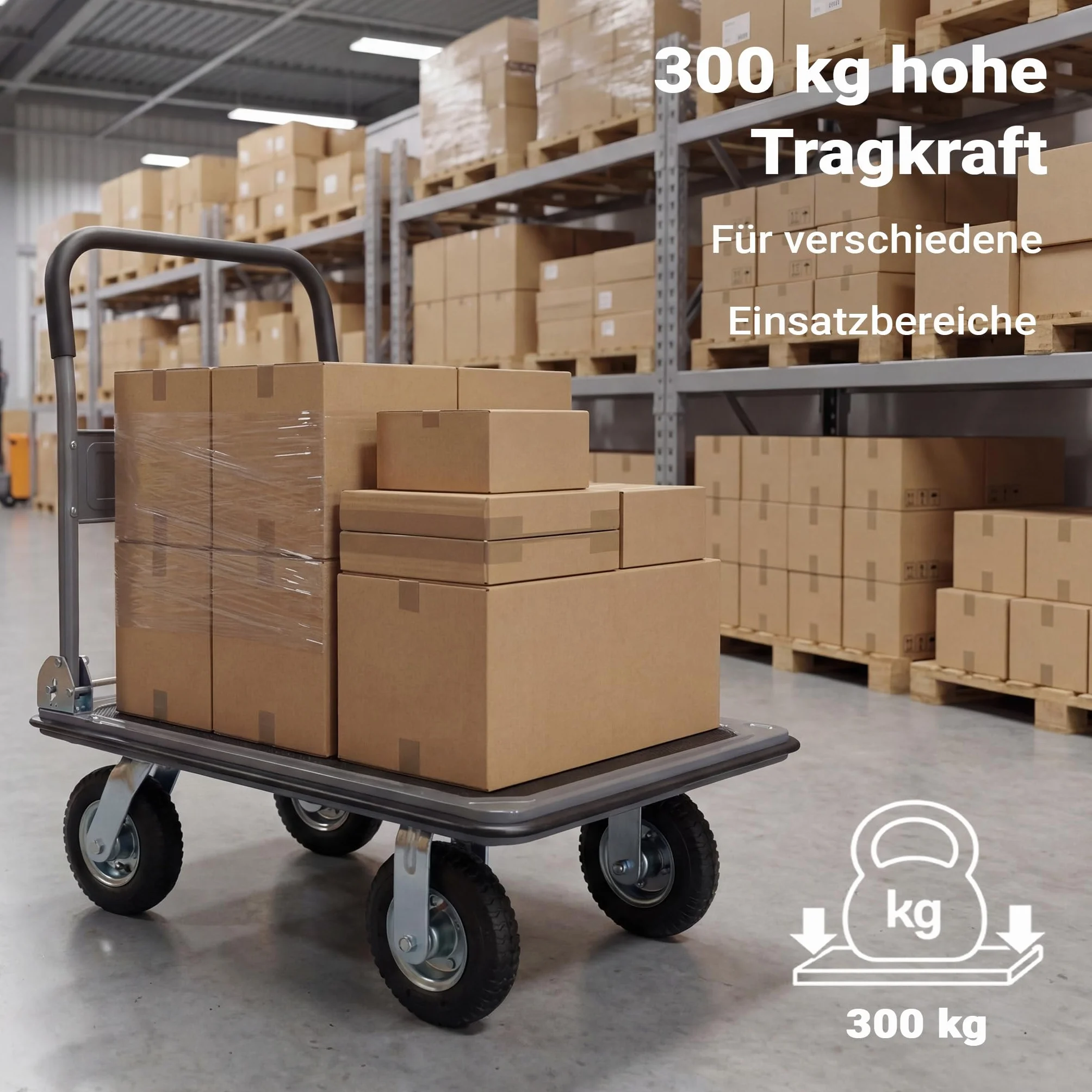 Wiltec Wózek transportowy platformowy 300 kg, składany wózek magazynowy 895x610x985 mm, ręczny wózek z pompowanymi kołami i antypoślizgową platformą