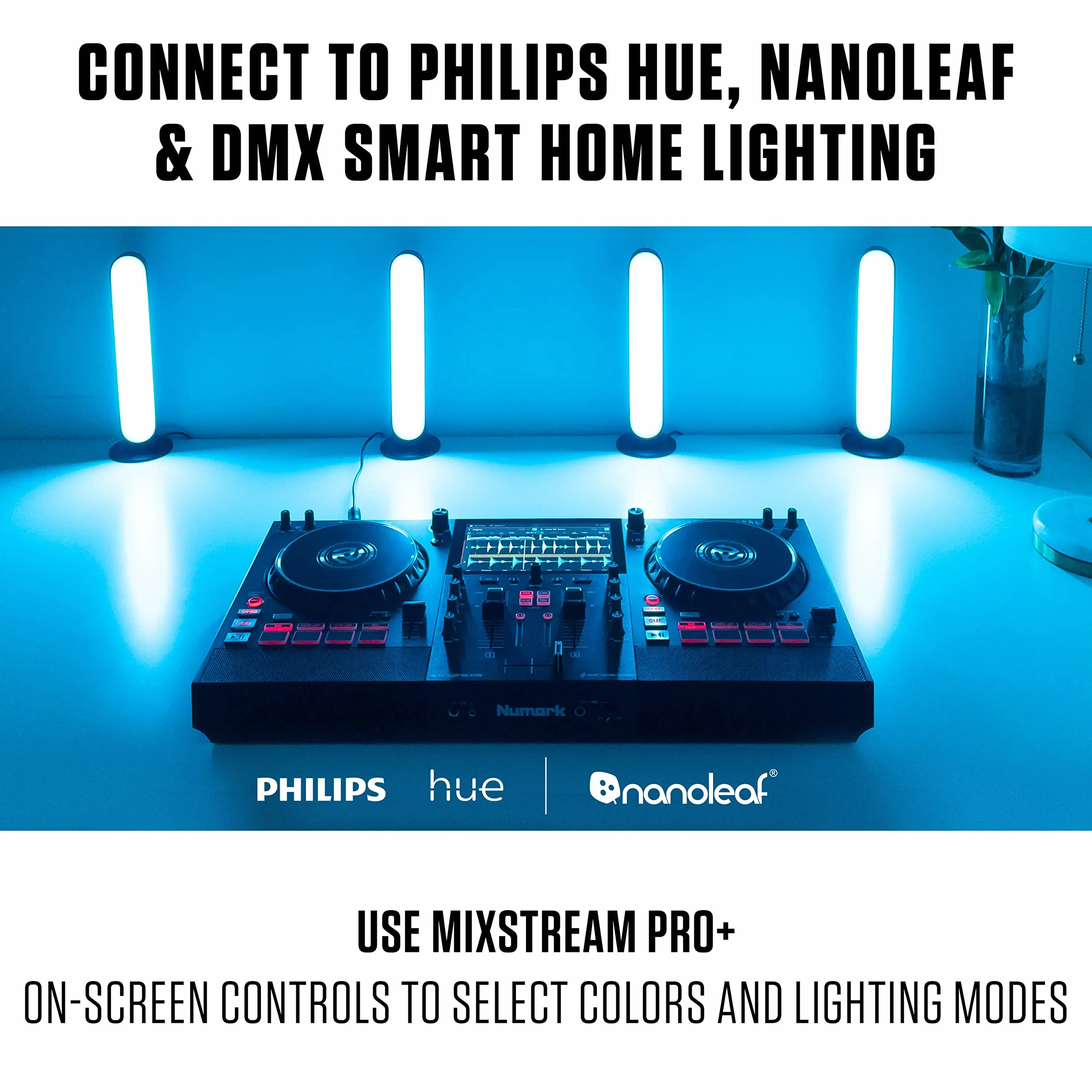 Numark Mixstream Pro+ Kontroler DJ z separacją stemów, 2 deckami, Wi-Fi, mikserem, ekranem 7″ i głośnikami, kompatybilny z Serato i Virtual DJ