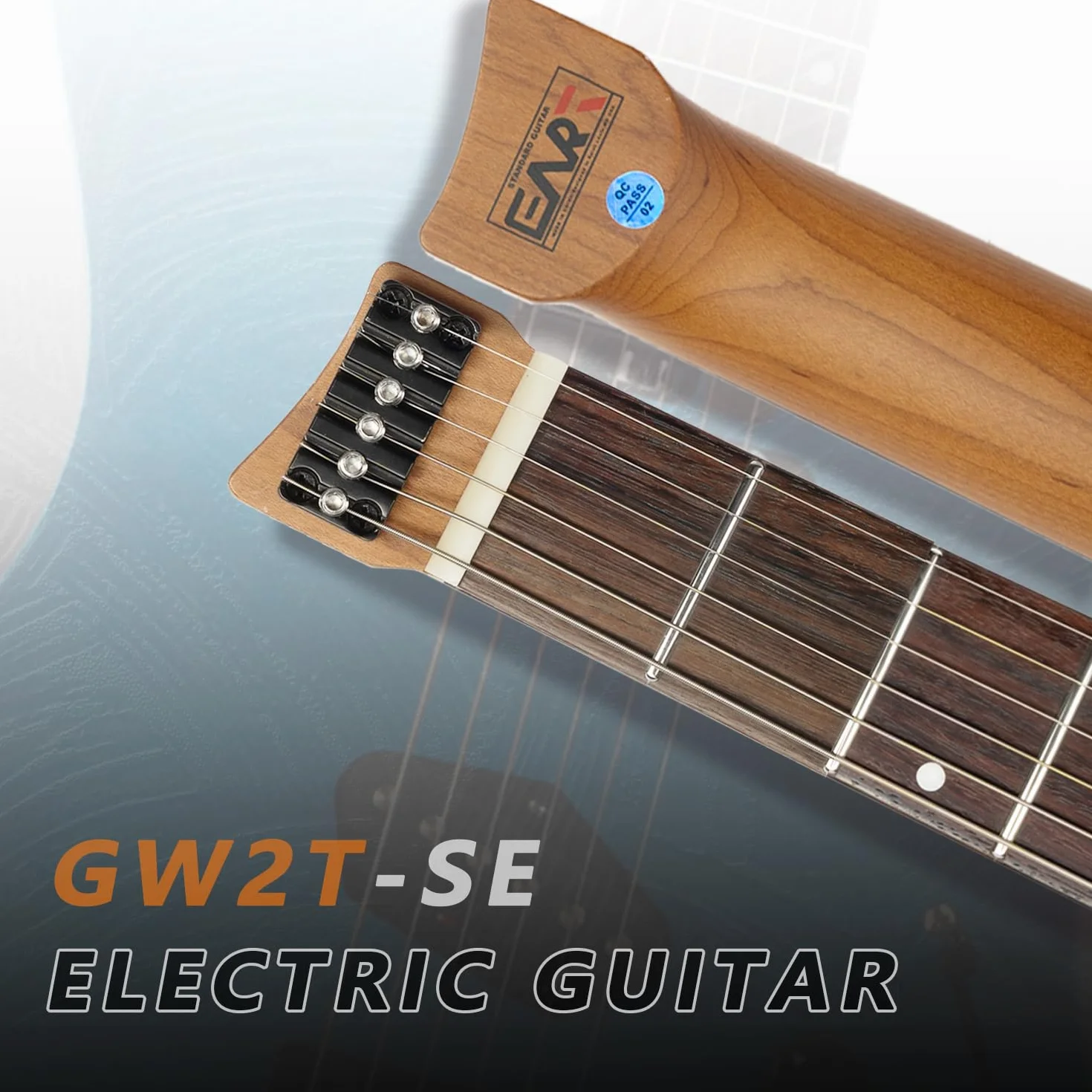 EART GW2T-SE Gitara elektryczna bezgłowowa z w pełni regulowanym stałym systemem mostka, progi Medium Jumbo ze stali nierdzewnej z zaokrąglonymi końcami (niebieska)