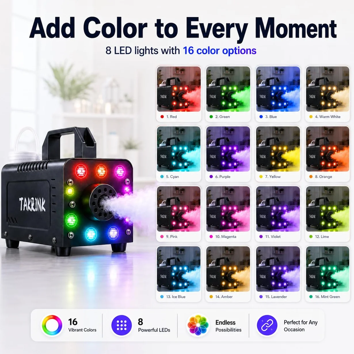 TAKRINK Maszyna do dymu,900 W z 8 diodami LED RGB, 16 kolorami i bezprzewodowym pilotem, na imprezy, wesela, dyskoteki, wesela, Halloween, Boże Narodzenie
