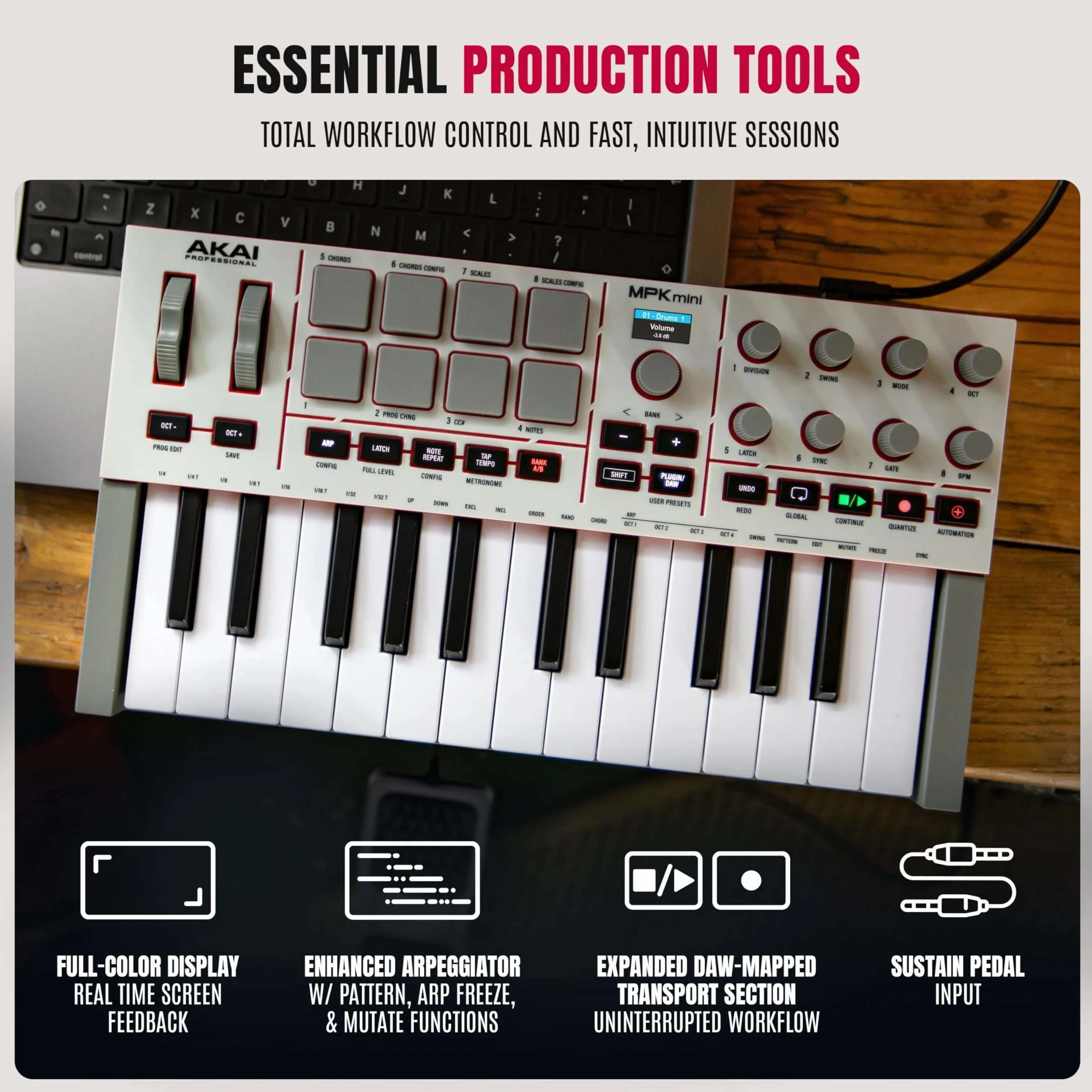 Akai Professional MPK Mini IV Klawiatura MIDI USB-C dla Początkujących i Producentów- Pady Perkusyjne MPC, Koła Pitch & Mod, Oprogramowanie do Produkcji, Pakiet Pźwiękowy Native Instruments, Szary