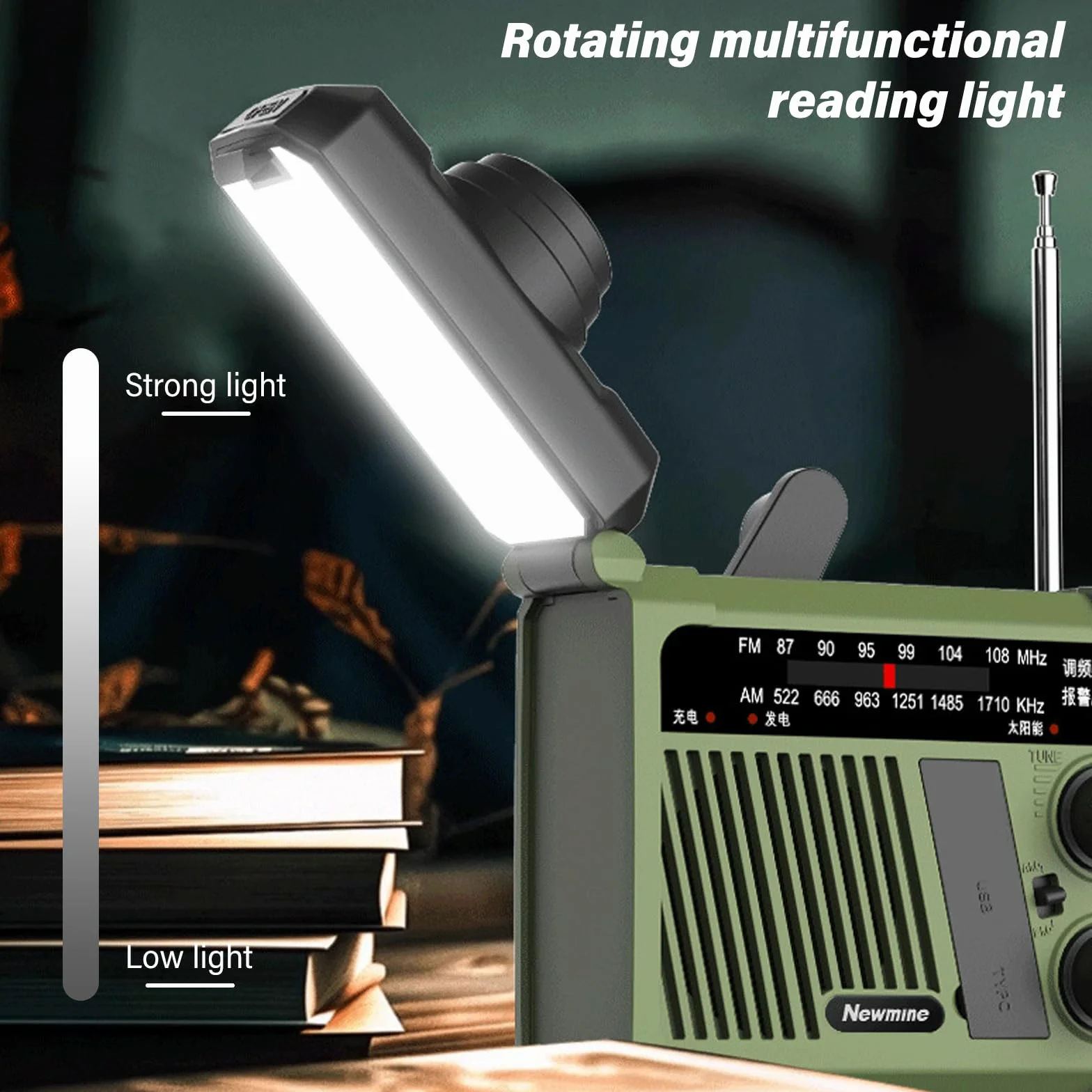 Radio korbowe, 1800 MA, radio awaryjne, solarne radio z korbą, do użytku na zewnątrz, na kemping, w sytuacjach awaryjnych, SOS, wytwarzanie prądu za pomocą korbki ręcznej, zielone (160 x 96 x 56 mm)