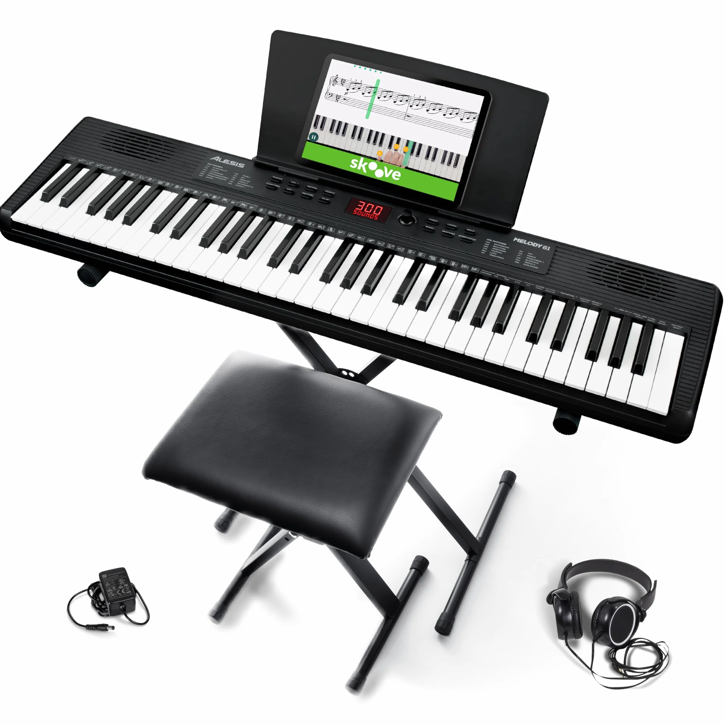 Alesis Melody 61 Pianino dla Początkujących z 61 Klawiszy, Głośniki, Stojak, Ława, Słuchawki, Podpórka pod nuty/tablet, 300 Brzmień i Lekcje gry