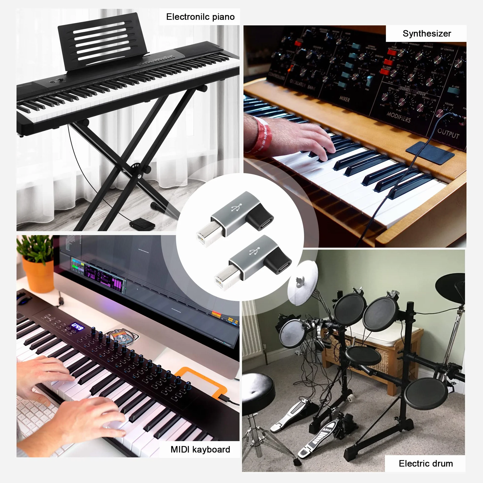 QIANRENON Kąt 90° konwerter adaptera USB C na MIDI żeński do USB B dla drukarki, MIDI pianino elektryczne, perkusja elektroniczna, 2 szt., szary