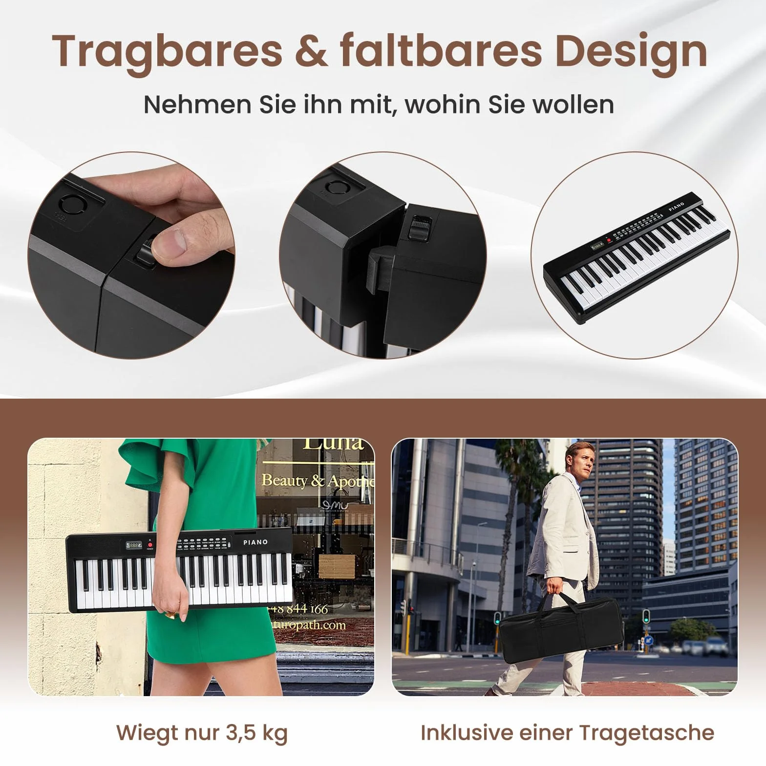COSTWAY Pianino klawiaturowe 88 klawiszy, składane cyfrowe pianino z Bluetooth MIDI, 1000 rytmami, 1000 dźwiękami, 150 demo, dla dzieci z mikrofonem i torbą, E-Piano dla początkujących Czarny