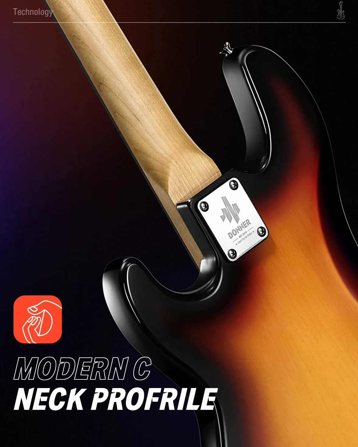 Donner Gitara basowa dla początkujących, 4 struny w stylu P gitara basowa, pełnowymiarowa gitara basowa z torbą na gitarę, paskiem do gitary i kablem gitarowym (Sunburst)
