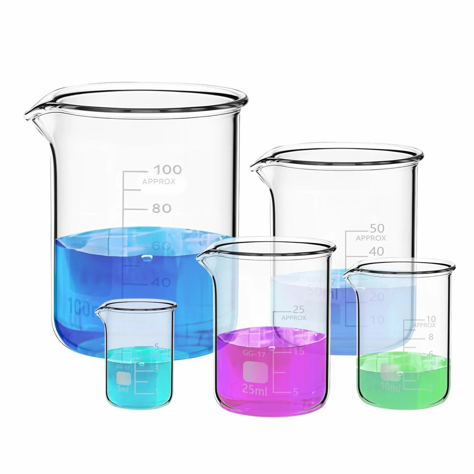 Zestaw szklanych zlewek 100 ml 50 ml 25 ml 10 ml 5 ml, 5 szklanych zlewek miarowych z borokrzemianu szkła do laboratorium, klasy i użytku domowego