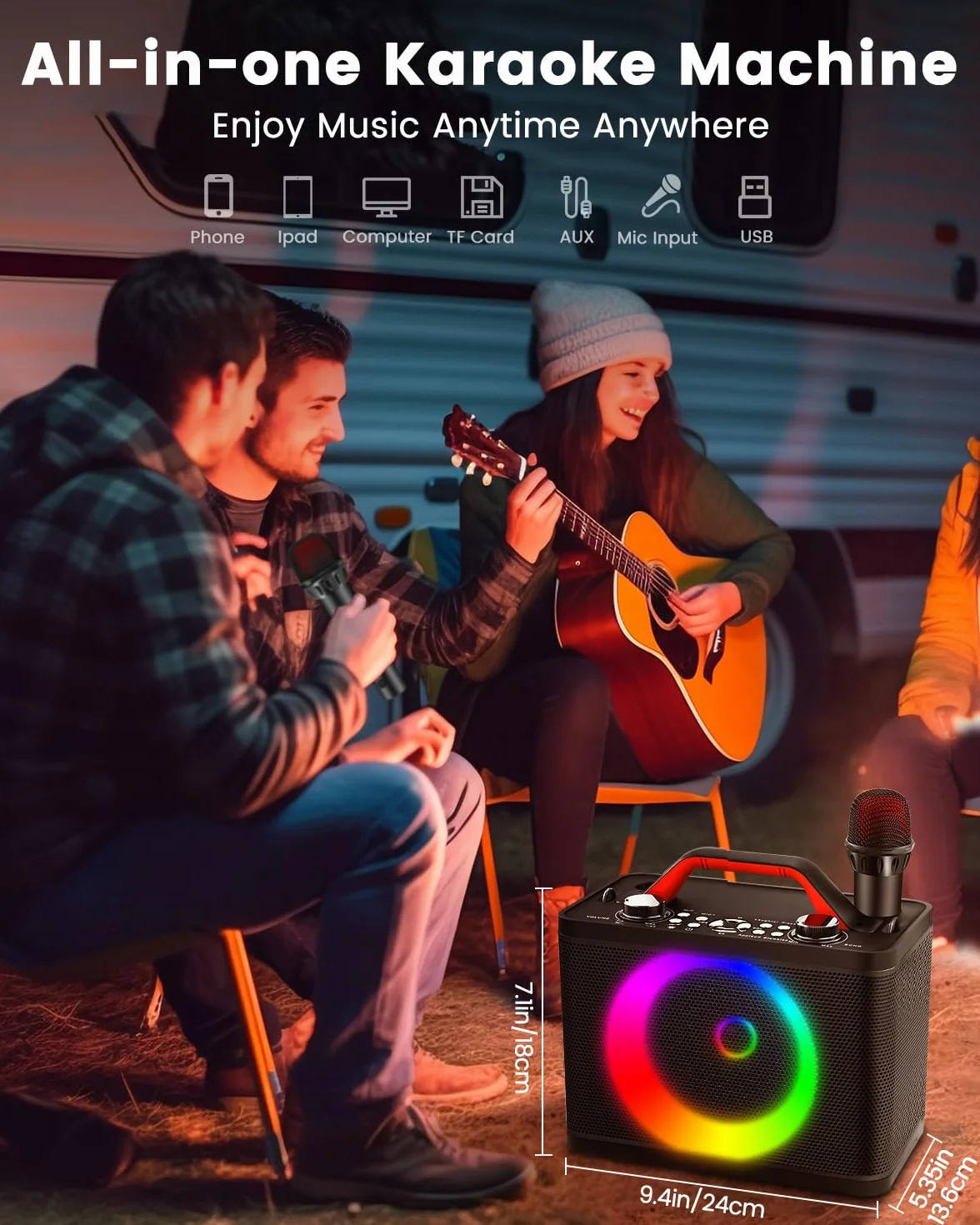 ALPOWL K06 urządzenie do karaoke z 2 mikrofonami, przenośne karaoke dla dorosłych/dzieci, z dynamicznymi światłami, obsługuje TF/USB, AUX in, TWS na imprezę, urodziny