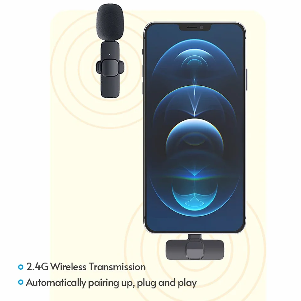 Andoer Mini bezprzewodowy mikrofon lavalier, wielokierunkowy nadajnik mikrofonowy, odbiornik, system mikrofonowy z ochroną przed wiatrem, port typu C, zamiennik do smartfonów z systemem Android Live