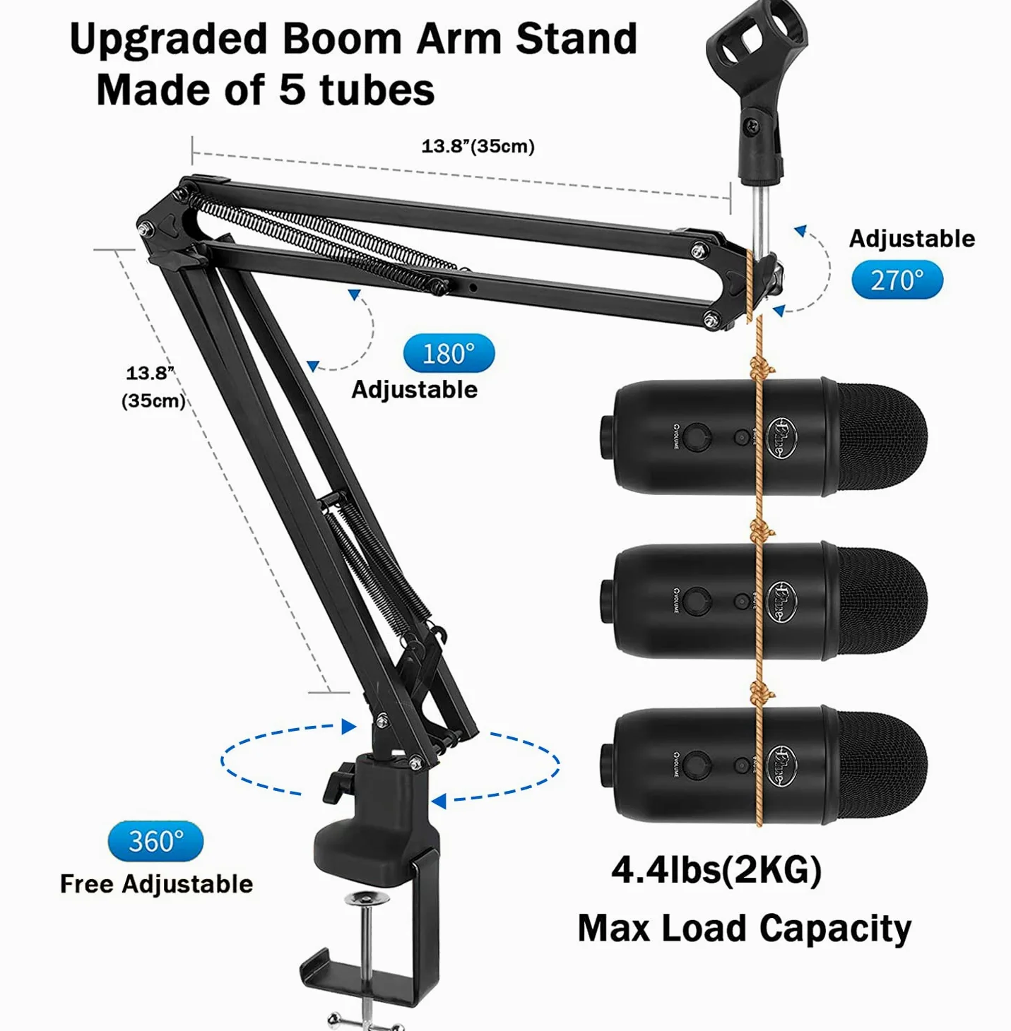 Ramię wysięgnika, amortyzowany stojak na mikrofon do Blue Yeti, regulowany stojak na mikrofon z filtrem pop, adapter 1/4"-3/8"-5/8", uchwyt, studio, nadawanie, praca w domu