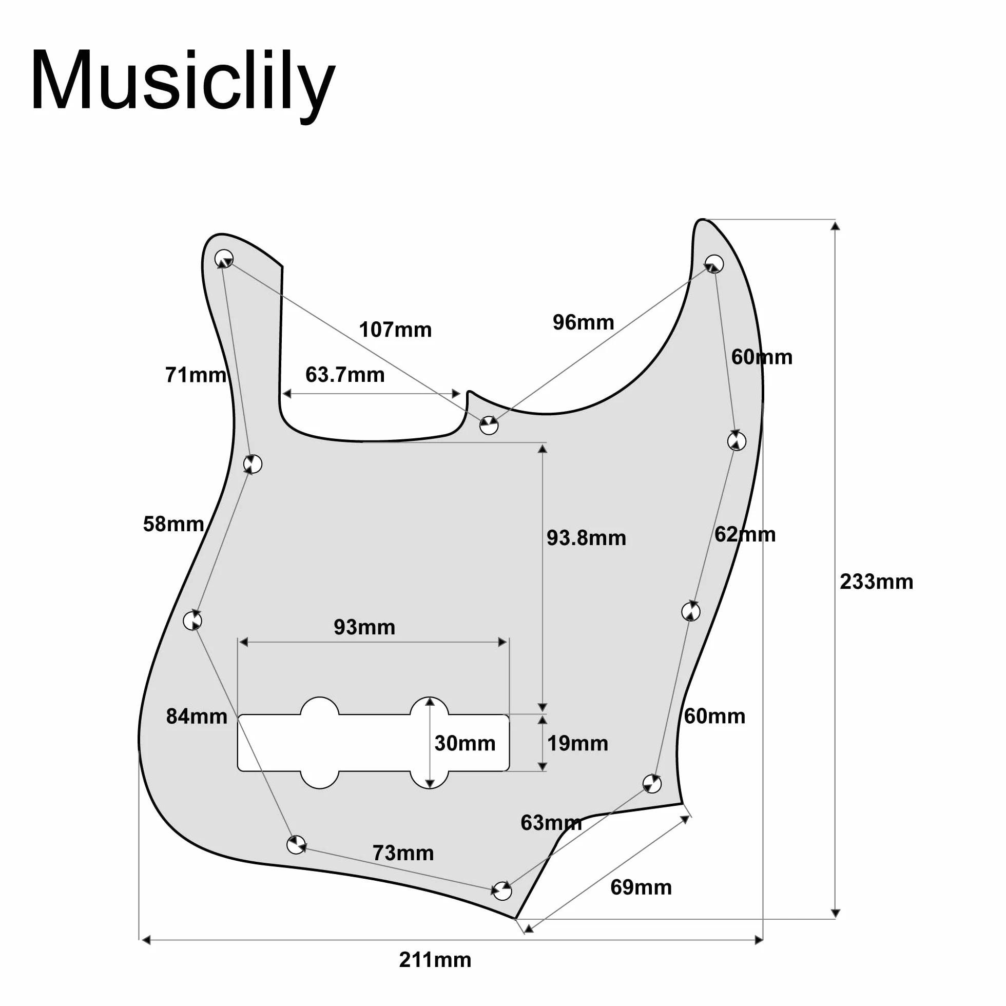 Musiclily Pro 10 Otworów Typ Nowoczesny Pickguard J Bass Maskownica do Gitary Basowy 4-strunowy American Jazz Bass, 3 warstwowy Czarny