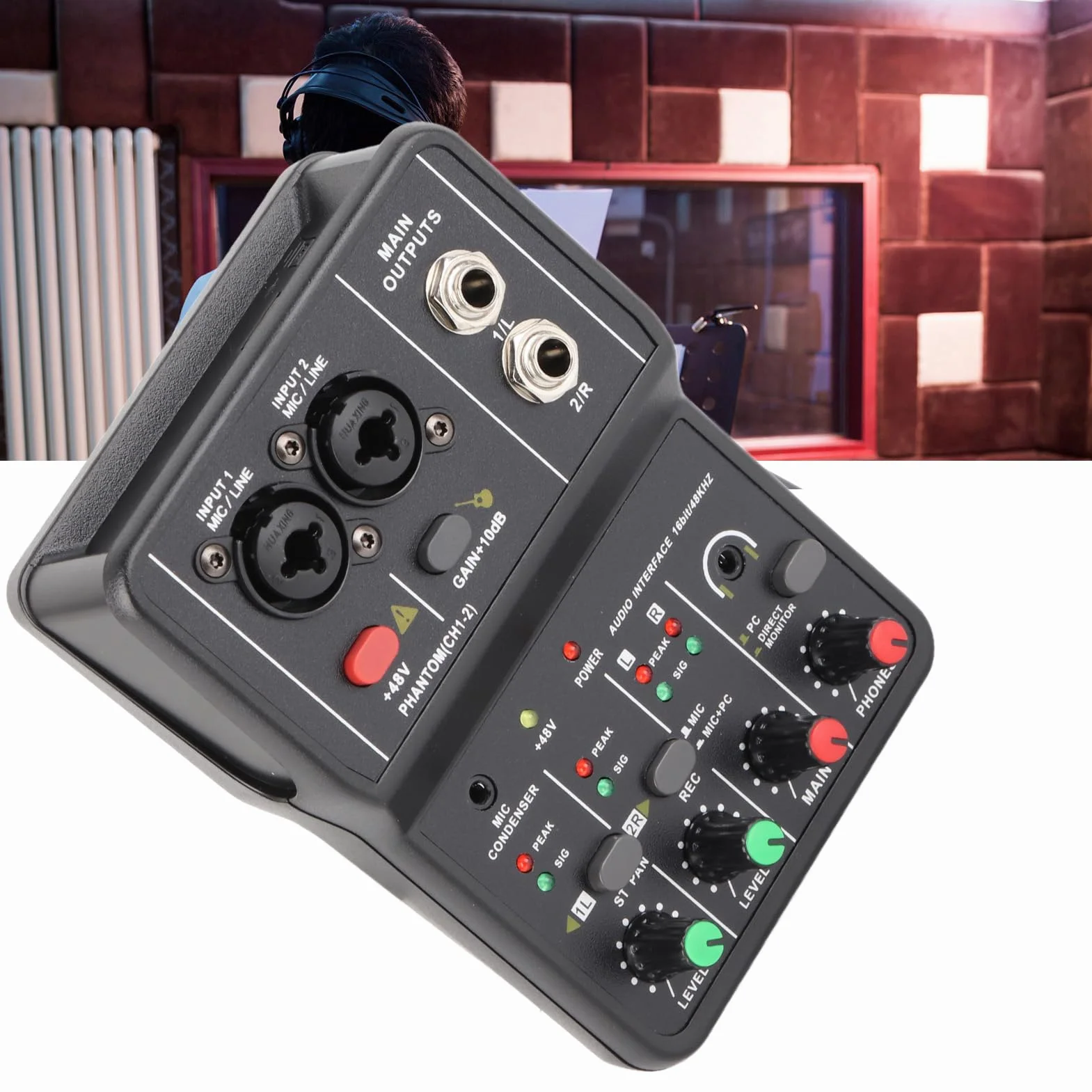 Mini mikser audio, 2-kanałowy mikser USB 48 V system zasilania konsola kompaktowy dźwięk fantom karta dźwiękowa do nagrywania muzyki karaoke dom internet biznes kanały plaża