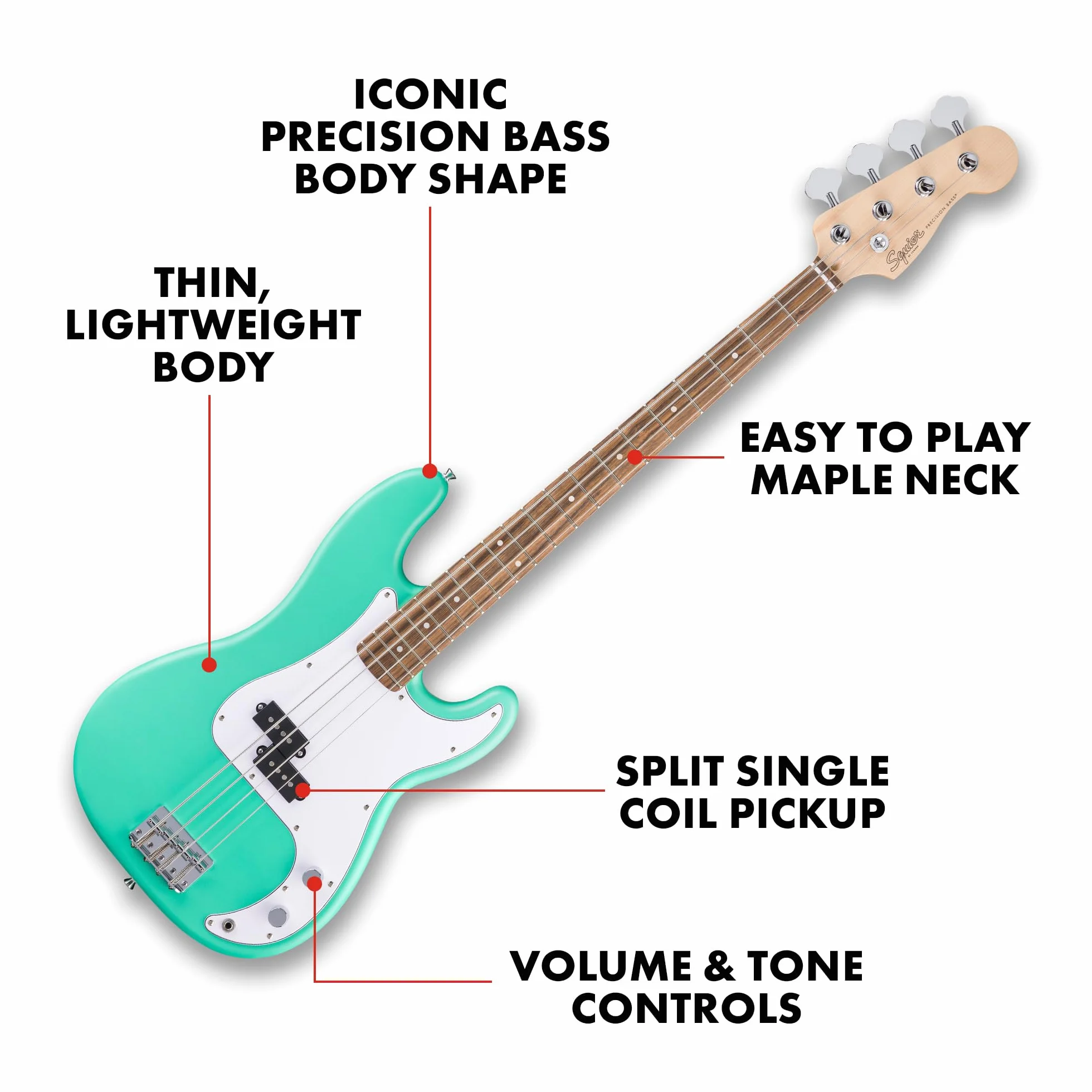 Squier by Fender Debut Collection Precision Bass, podstrunnica Laurel, biała maskownica, Seafoam Green