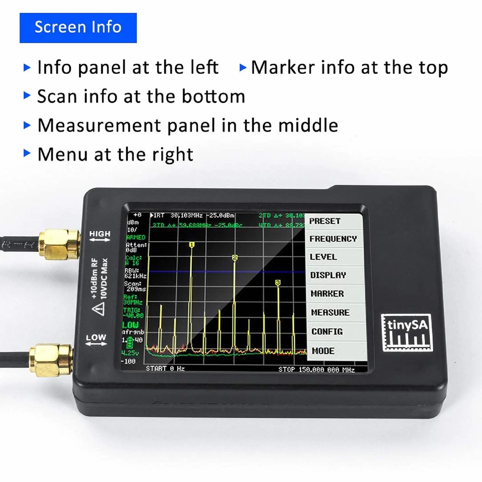 AURSINC Przenośny analizator widma tinySA - zaktualizowany analizator częstotliwości V0.3.1 | Wejście 100 kHz przy 960 MHz MF, HF, VHF UHF | Funkcja ochrony ESD i ekranu dotykowego & 2,8 cala