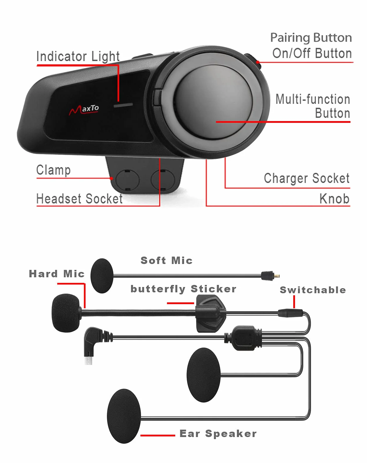 Maxto Motocyklowy zestaw słuchawkowy Bluetooth, M2 Systemy komunikacji z kaskiem motocyklowym, 6-kierunkowy BT5.0 Wodoodporny interkom, zasięg 1000 m, z radiem FM, Siri, wybieranie głosowe do jazdy na