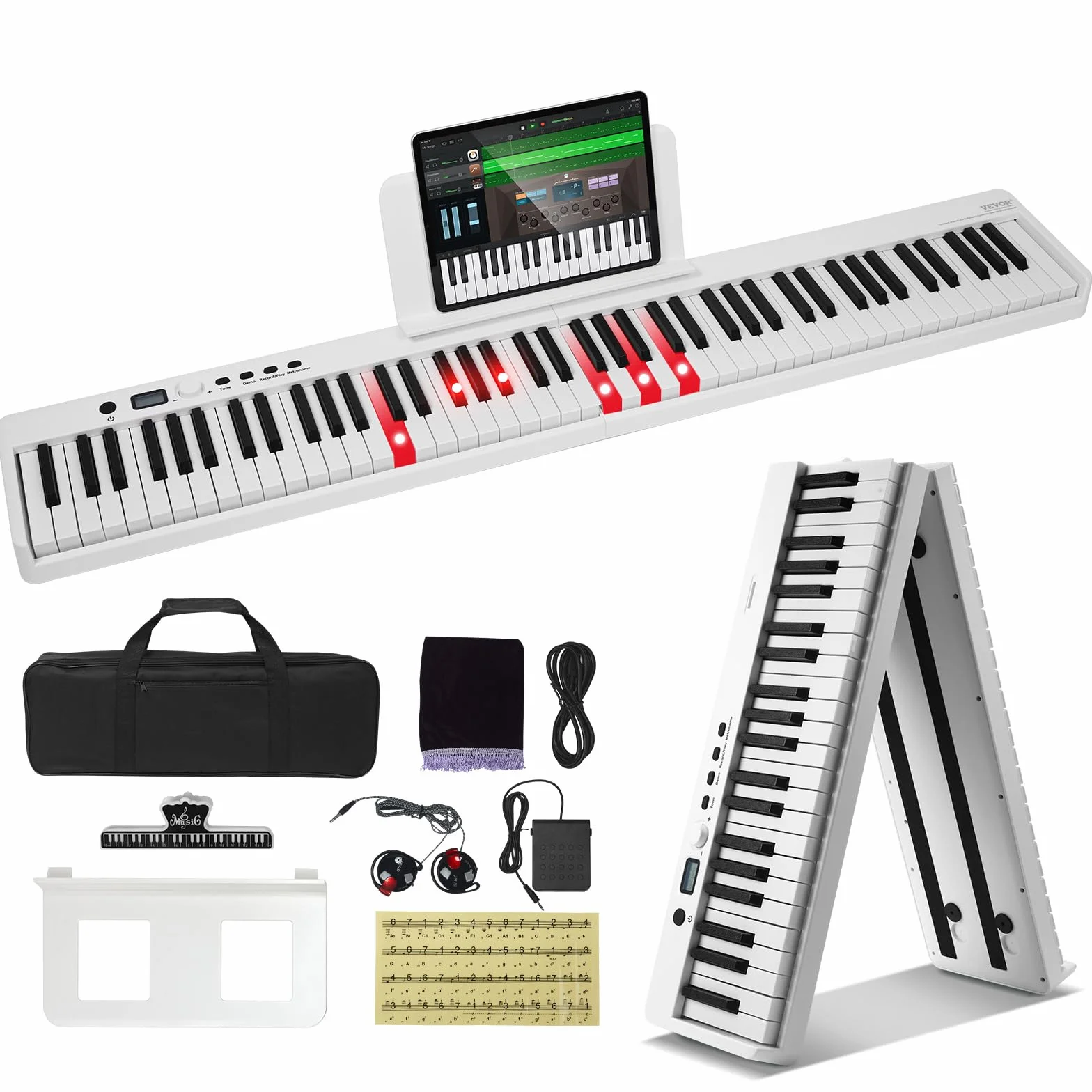 VEVOR 88 składanych klawiszy klawiatury fortepianu, Bluetooth i MIDI, cyfrowe pianino z pedałem Sustain wrażliwe na dotyk przyciski torby, ładowalna dla początkujących nastolatków dorosłych, biały