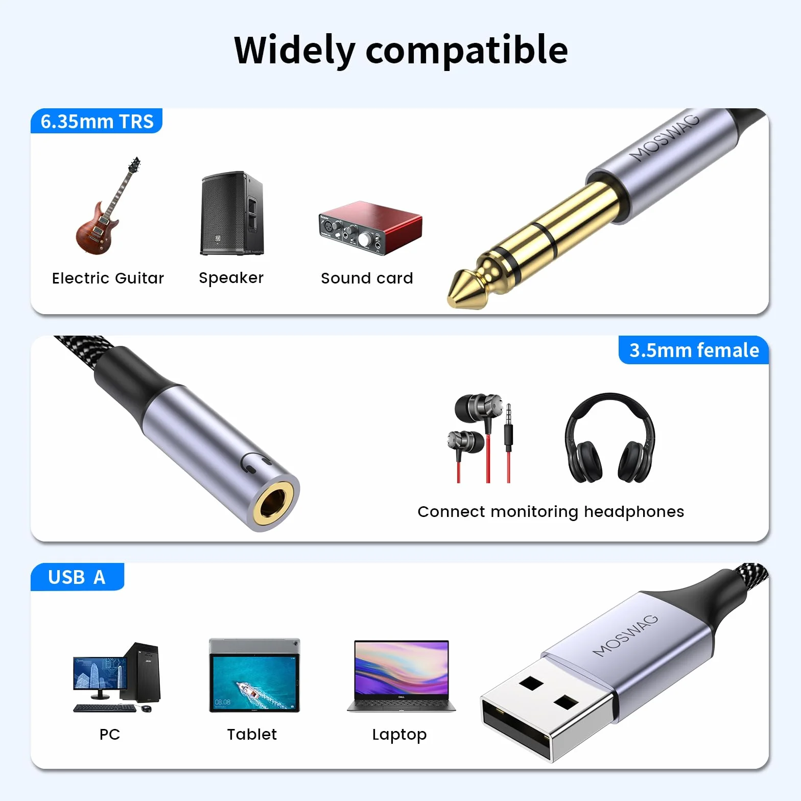 MOSWAG Kabel audio 6,35 mm na USB, 1/10.2 cm męski na USB A kabel do nagrywania ze słuchaniem, nylonowy pleciony kabel instrumentu muzycznego do nagrywania muzyki, słuchania, śpiewania