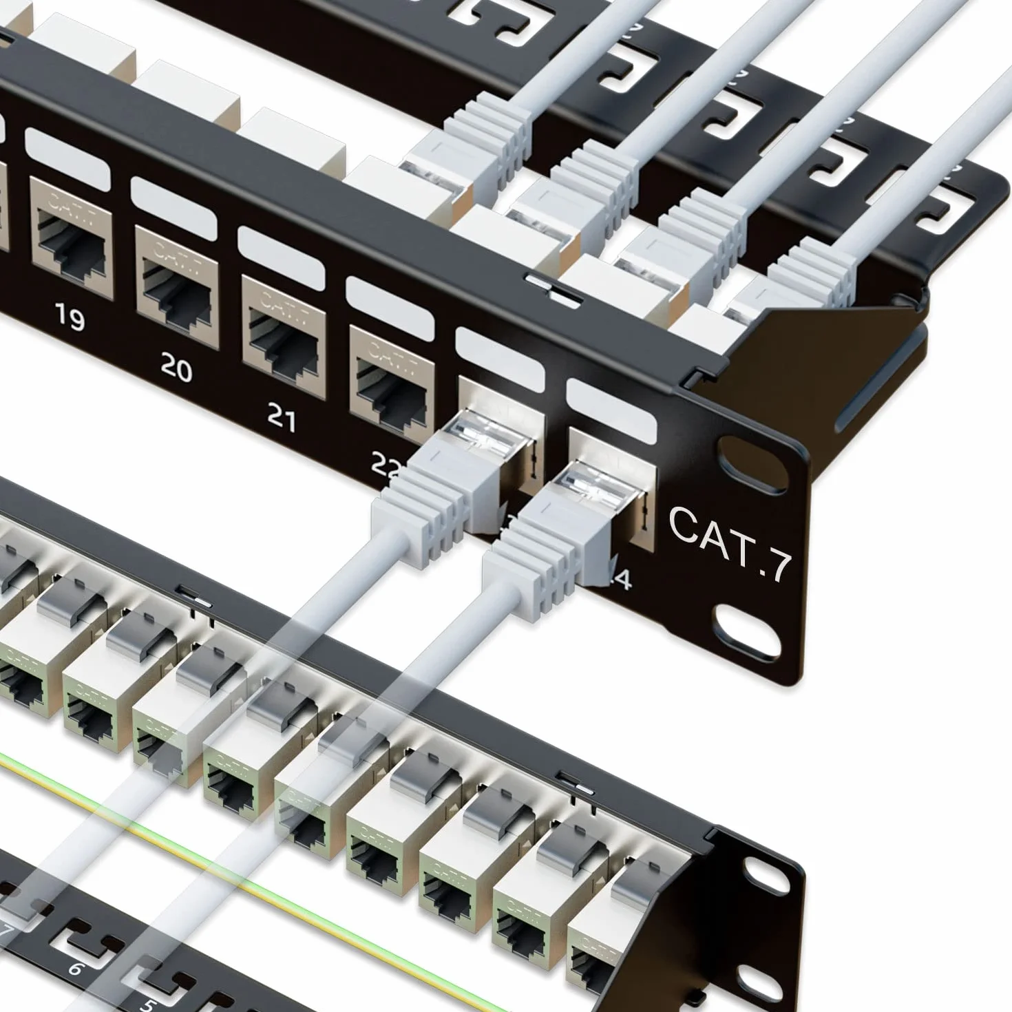 iwillink Panel krosowy Cat7 10 Gb/s, 24 porty, RJ45 łącznik przelotowy 1U, ekranowany panel krosowy STP 48 cm z tylnym drążkiem, montażem ściennym lub stojakiem, kompatybilny z Cat7, Cat6A, Cat6
