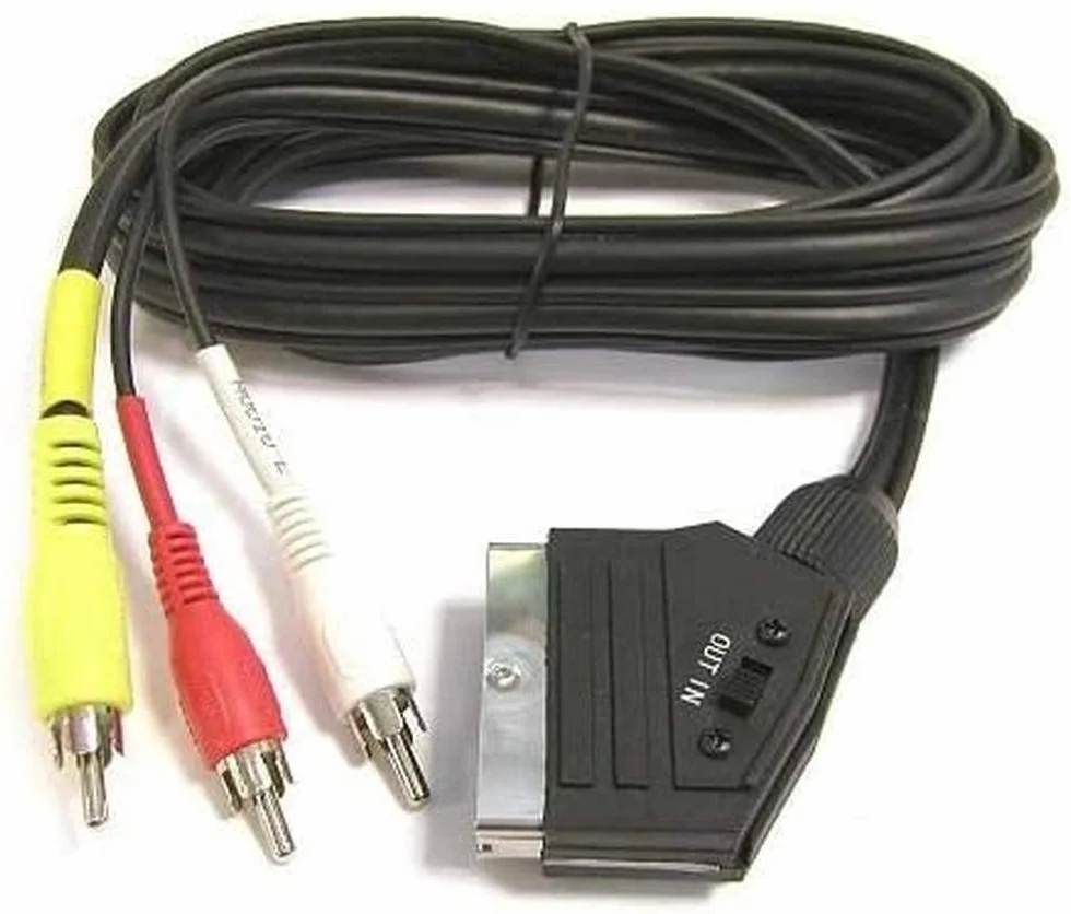 PremiumCord Kabel SCART do 3x RCA, Męski do Męskiego, Przełącznik In/Out, Czarny, 1,5 m