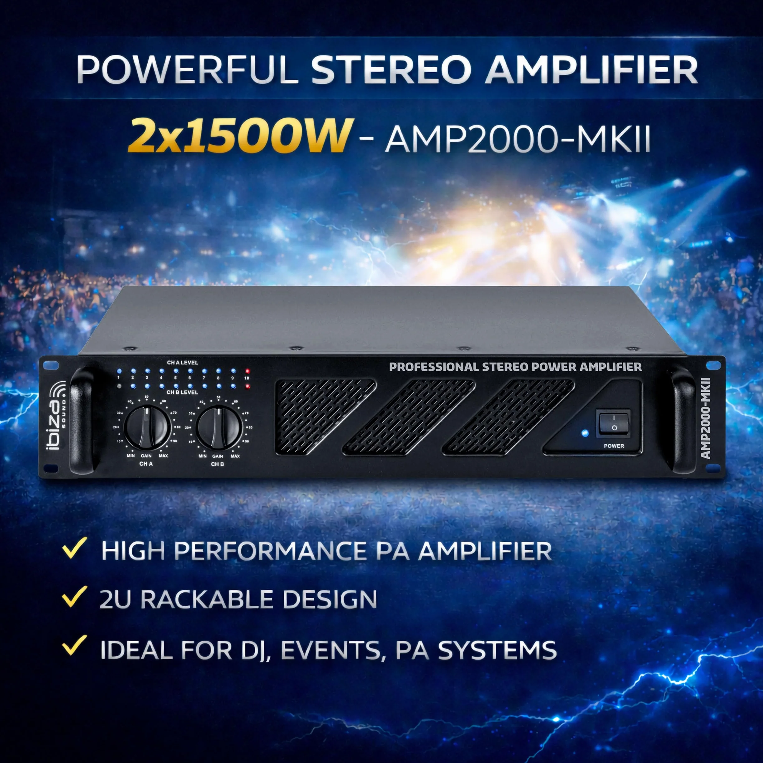 Ibiza - AMP2000-MKII - Profesjonalny wzmacniacz PA 2x1500W z wejściami XLR/Jack i wyjściami Speakon/Borne - Możliwość montażu w szafie 19" - Czarny