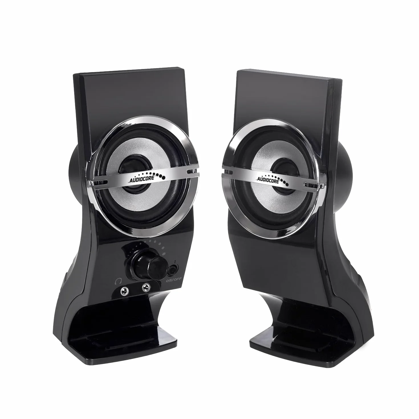 Audiocore AC805 Eleganckie Głośniki Stereo 2.0, Czarno-Srebrne do Komputera, Podświetlane LED Gamingowe do Laptopa na USB 6W, MiniJack