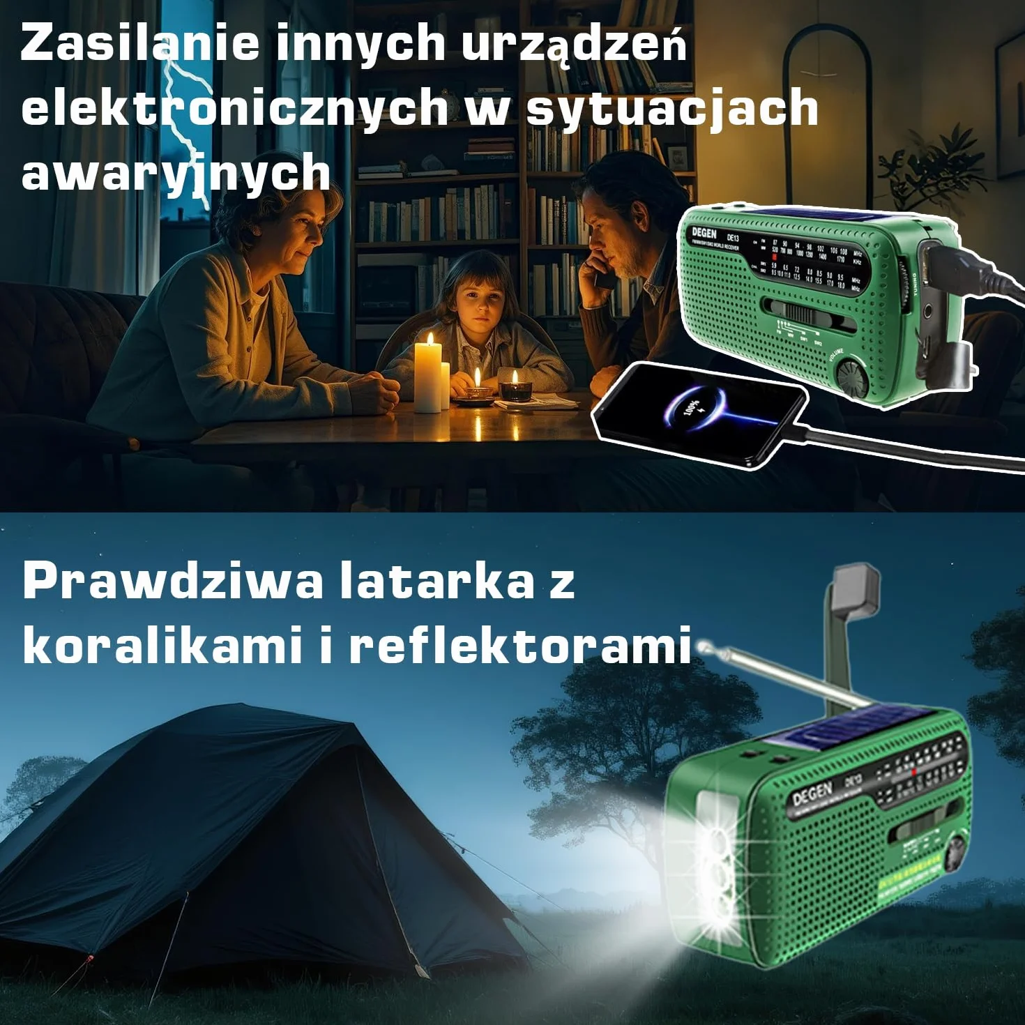 DEGEN DE13 Wind Up Radio korbowe solarne FM AM SW awaryjne radio pogodowe latarka SOS alarm ładowalny telefon komórkowy do użytku awaryjnego i na zewnątrz zielony