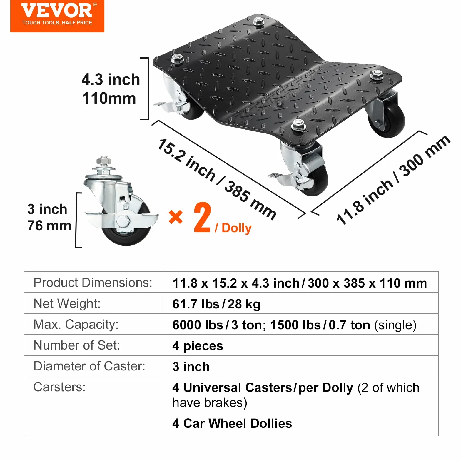 VEVOR Wheel Dolly, 2722 kg, zestaw 4 sztuk, do przenoszenia samochodów, ciężarówek, przyczep, motocykli i łodzi