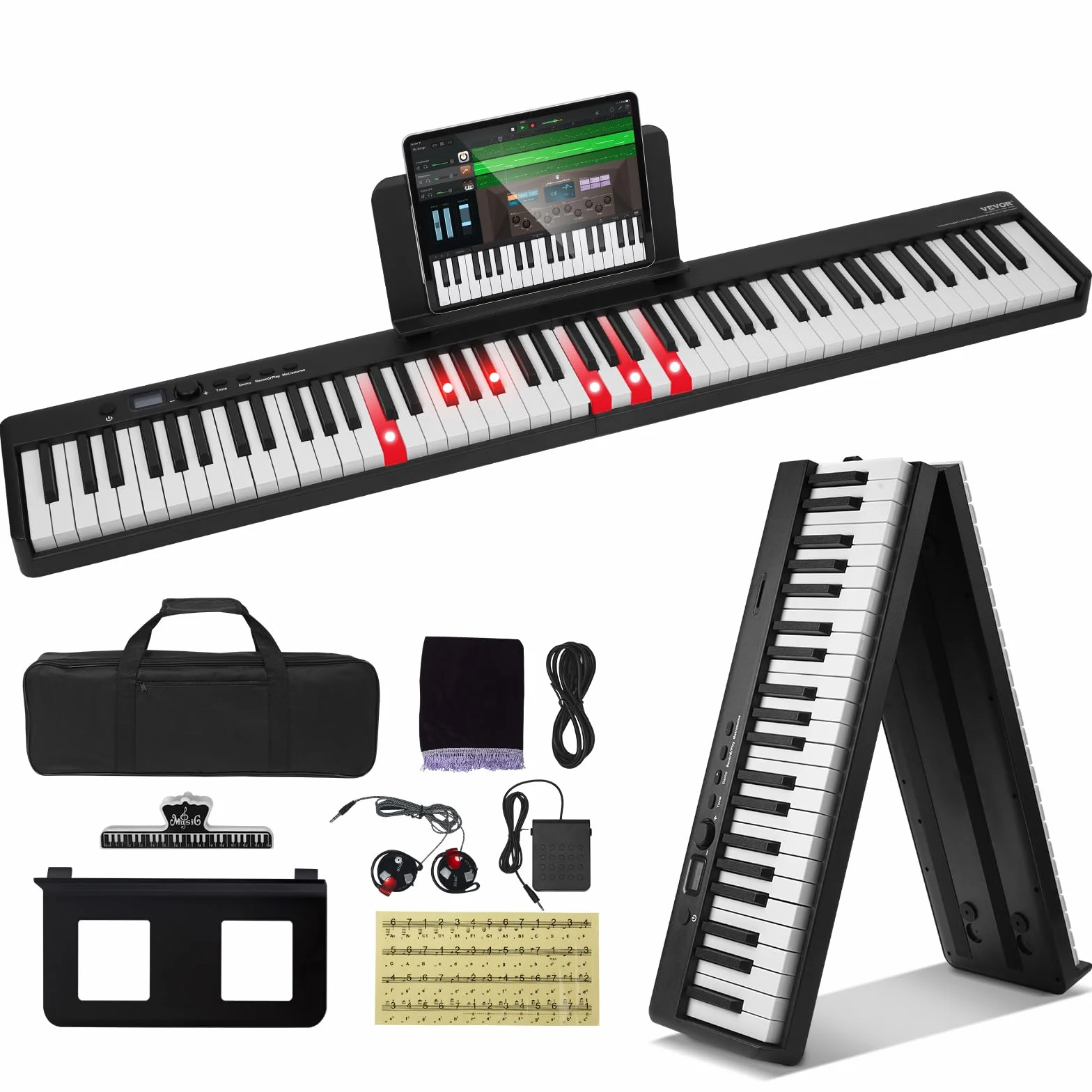 VEVOR Składana klawiatura fortepianowa z 88 klawiszami, Bluetooth i MIDI, przenośny cyfrowy fortepian z pedałem Sustaina, podświetlane klawisze, ładowalna dla początkujących, nastolatków, dorosłych,