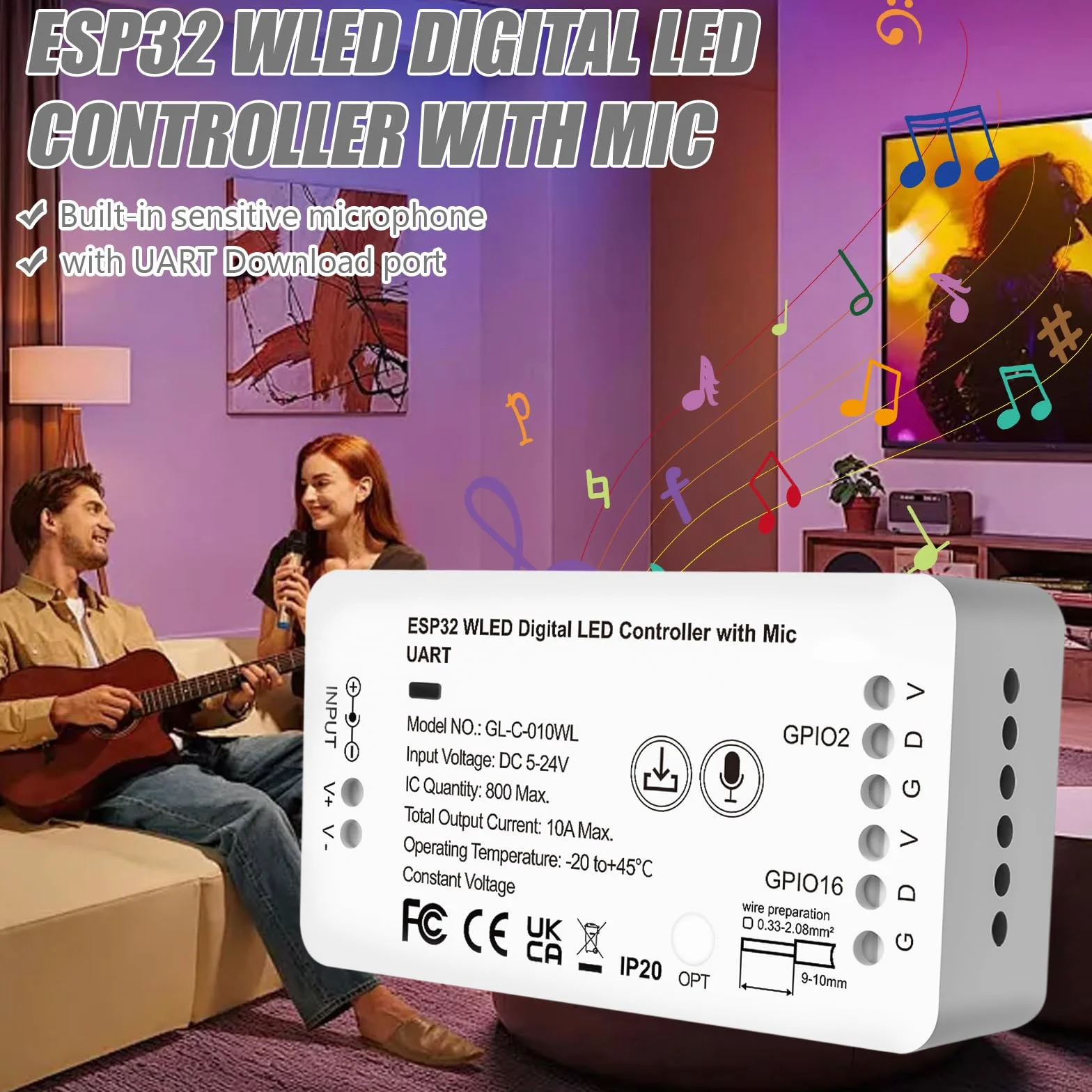 Kontroler WLED ESP32 do taśm LED WS2812B WS2811 SK6812 z mikrofonem