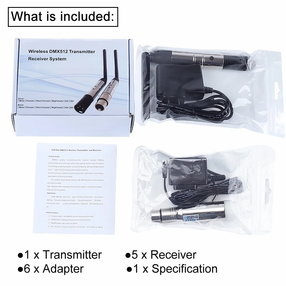 XLR nadajnik/odbiornik męski/żeński 2,4 G, ISM DMX512, z anteną,do oświetlenia scenicznego. 1 Sender & 5 Empfänger (Batterie)