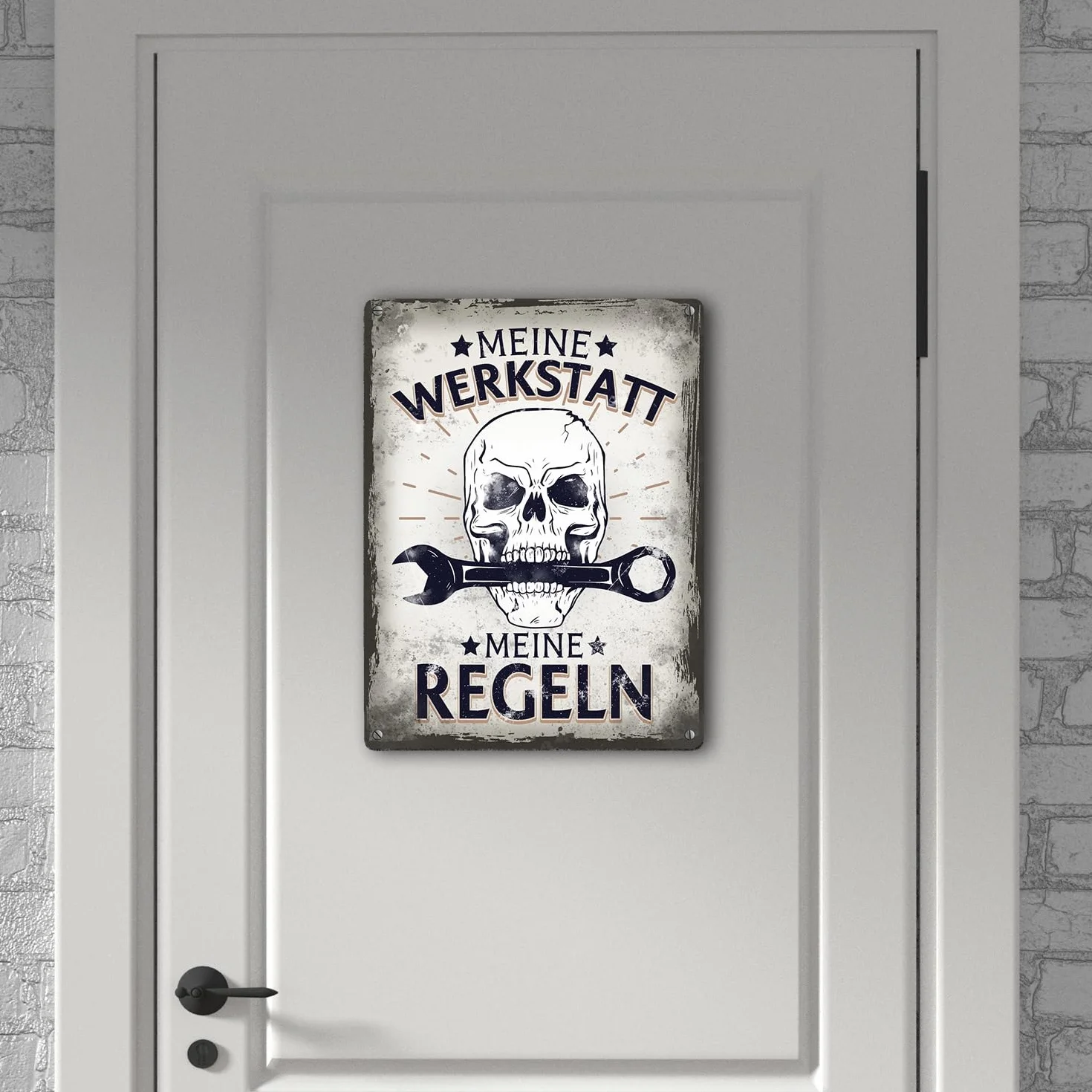 Meine Werkstatt meine Regeln mit trupia Czaszka Metalowa tabliczka XXL 28 x 38 cm jako prezent dla wszystkich hobbystów i majsterkowiczów jako tabliczka na drzwi do warsztatu, aby podkreślić miłość do