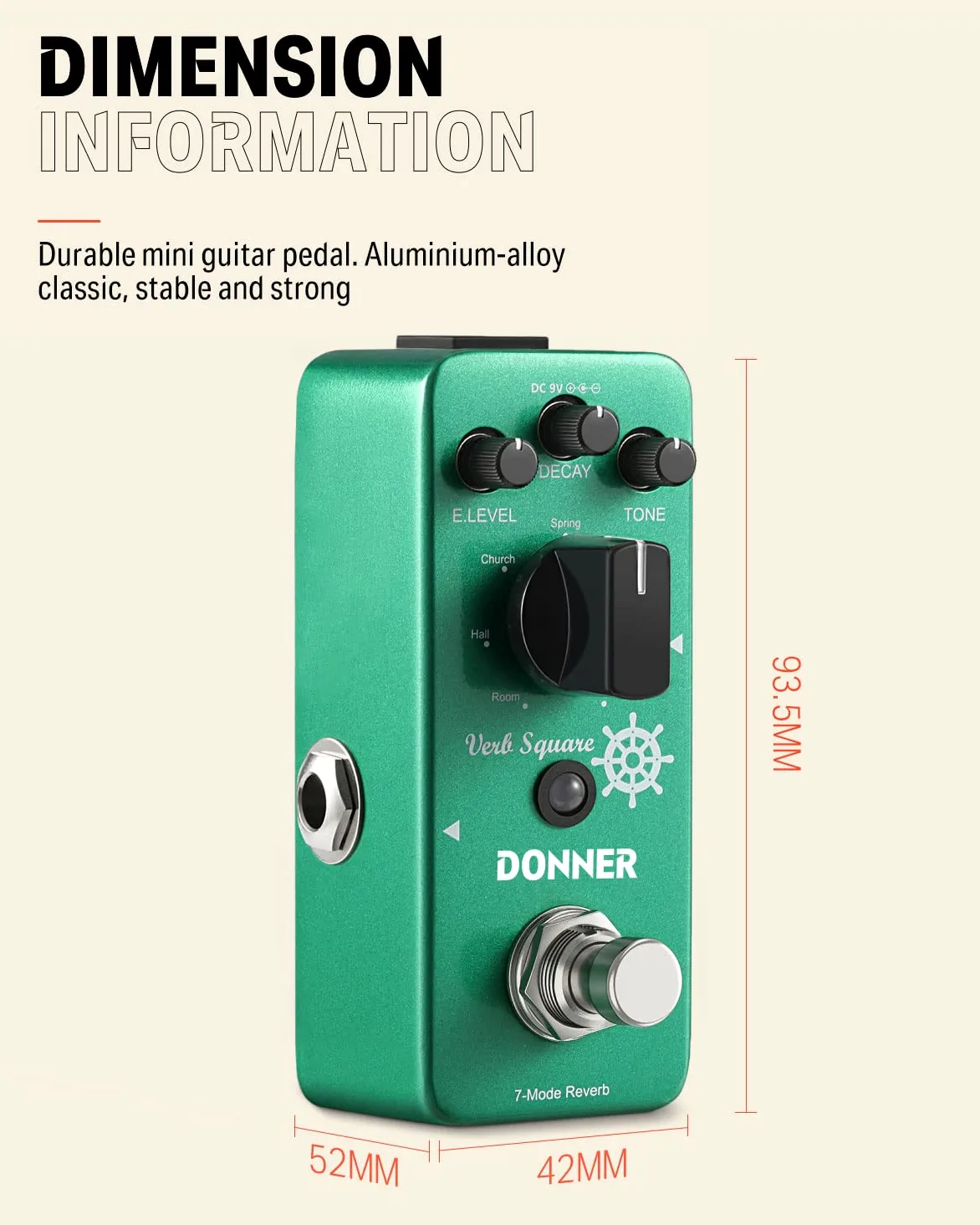 Donner Reverb gitarowy, czasownik kwadratowy cyfrowy pogłos 7 trybów pokoju, hol, kościół, wiosna, płyta, studio, mod, True Bypass