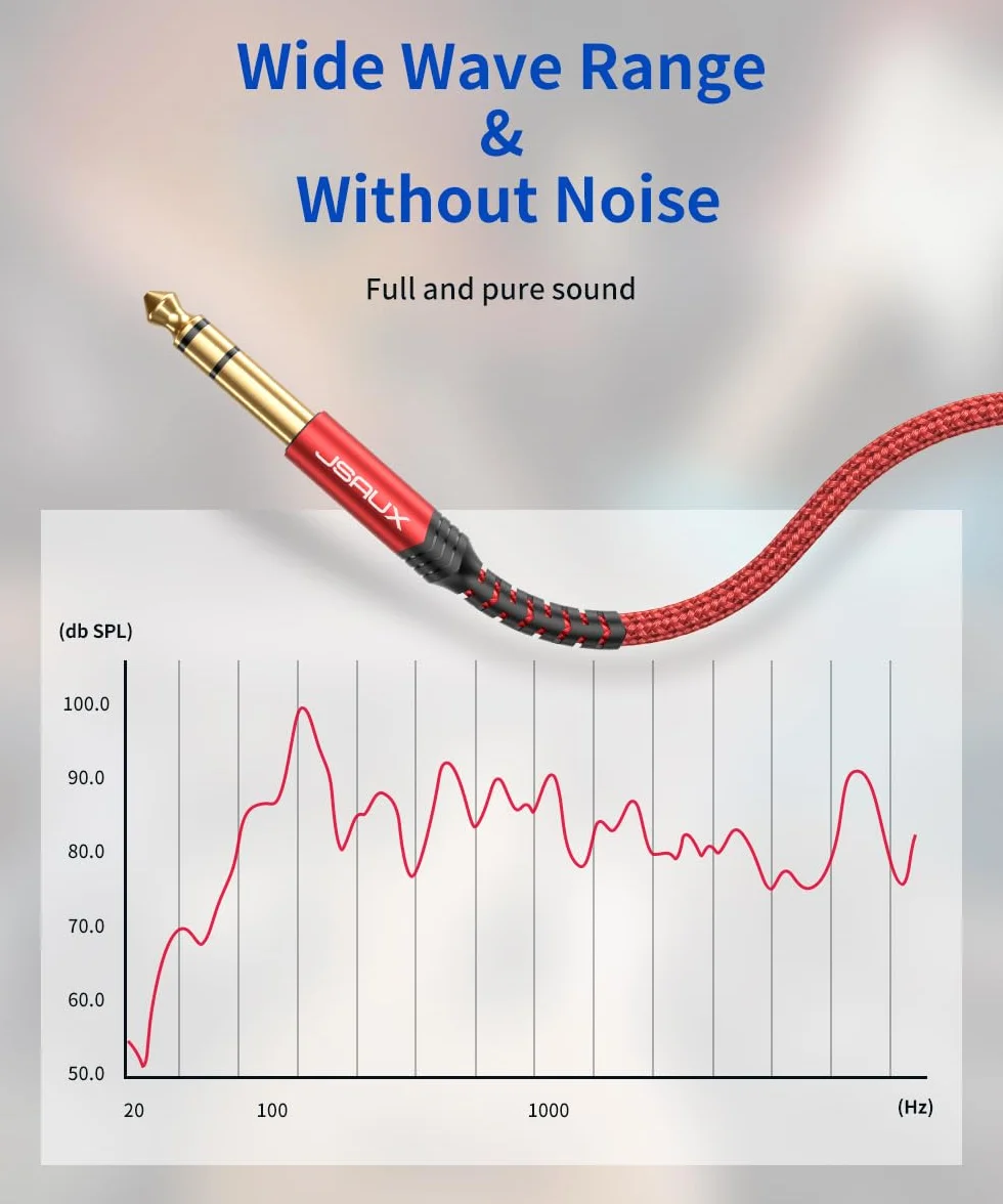 JSAUX Kabel Gitarowy 3M, 1/4" 6.35mm do 6.35mm TRS Stereo Audio Gitarowy Przewód Nylonowy Warkocz Jack Instrumentowy Kabel dla Gitary Elektrycznej, Basu, Wzmacniacza, Klawiatury - Czerwony