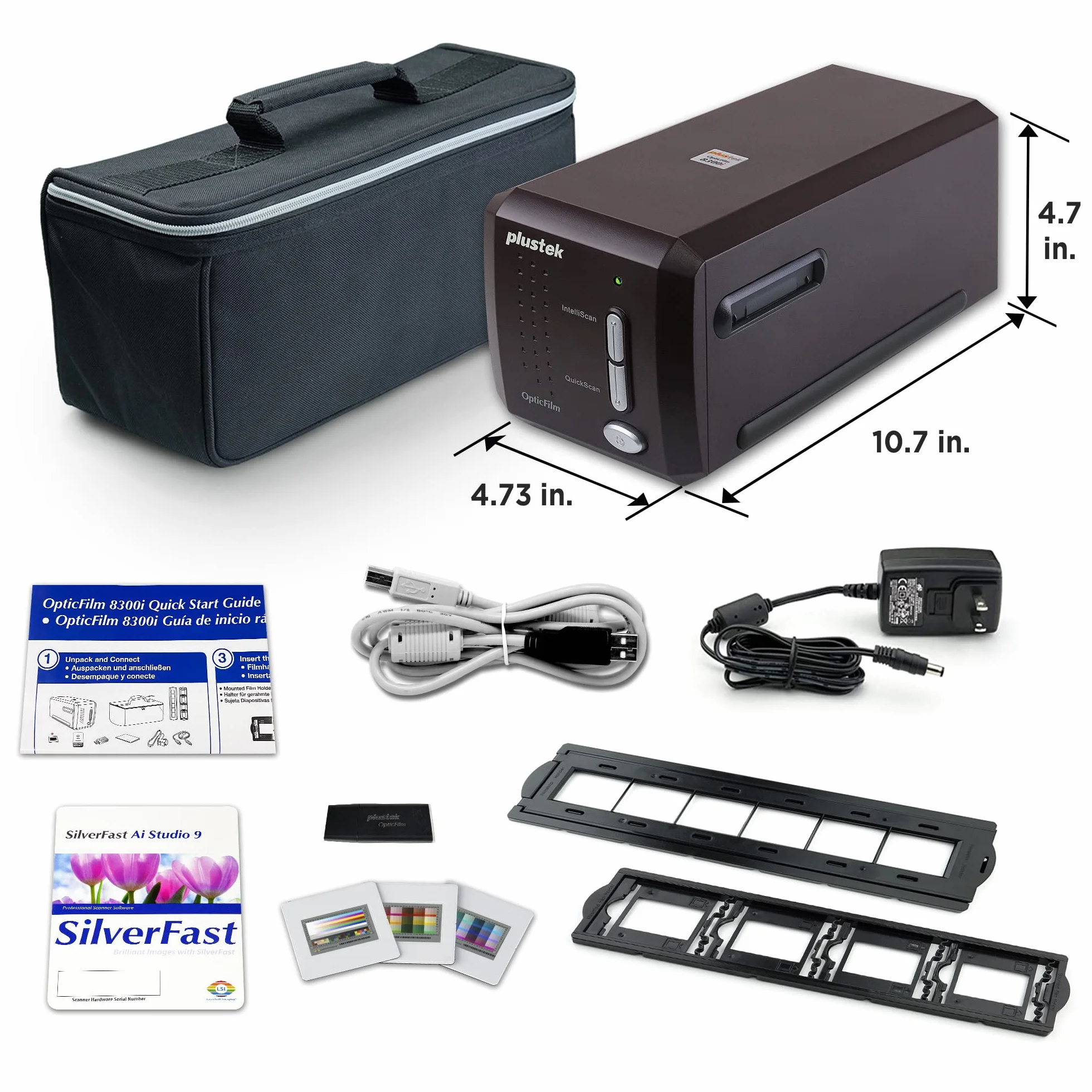 Plustek OpticFilm 8300i Skaner folii Ai konwertuje 35 mm, wsuwa się w cyfrowy, pakiet SilverFast Ai Studio 9 + QuickScan Plus, zawiera cel kalibracji IT8 (3 slajdy)