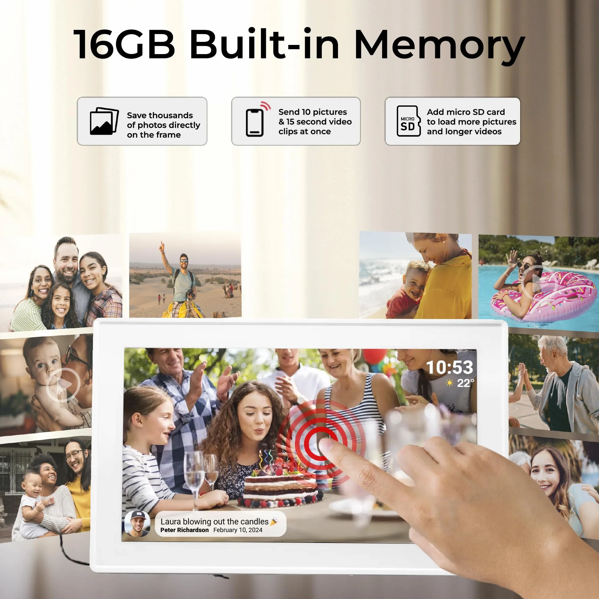 Denver PFF-1515W cyfrowa ramka na zdjęcia Wi-Fi – ekran dotykowy Full HD IPS 15,6", zintegrowane oprogramowanie FRAMEO, bezprzewodowe udostępnianie, automatyczne wyłączanie nocne, pamięć 16 GB, biała