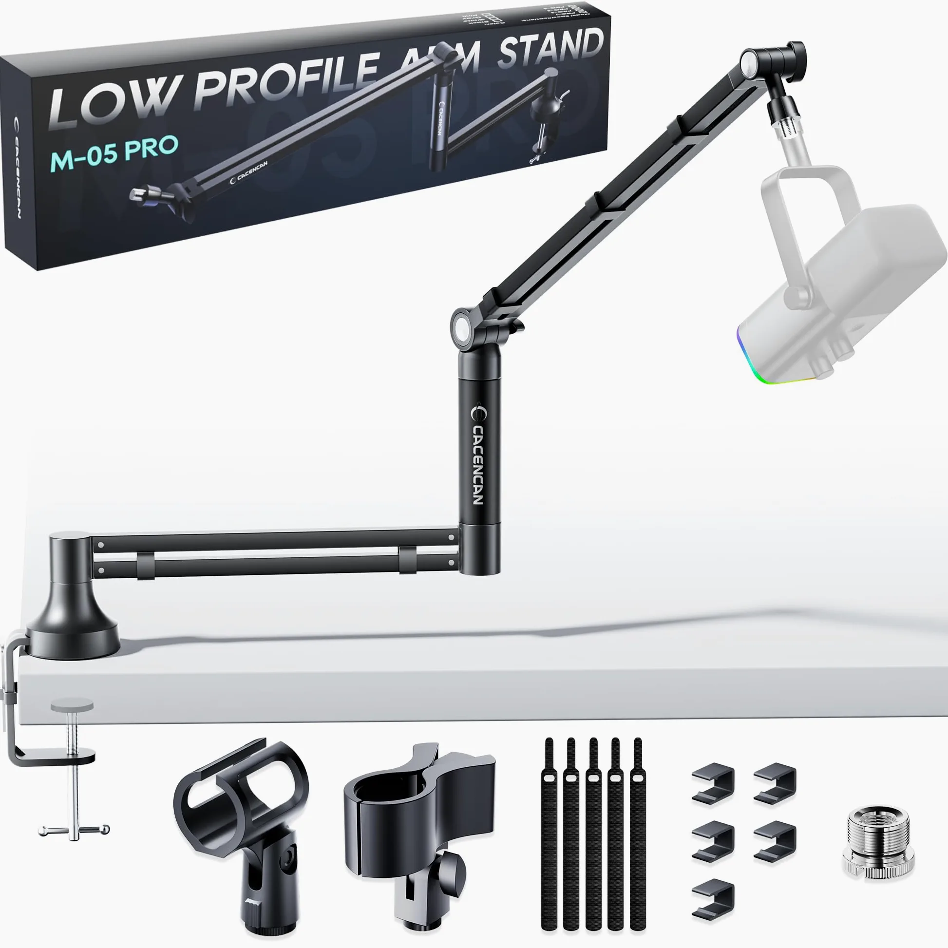 Ramię wysięgnika M05, obracany o 360° stojak mikrofonowy z uchwytem na biurko, składane ramię mikrofonowe z adapterem śrubowym 3/20.3 cm do 5/20.3 cm, ramię mikrofonu do transmisji na żywo, gier,