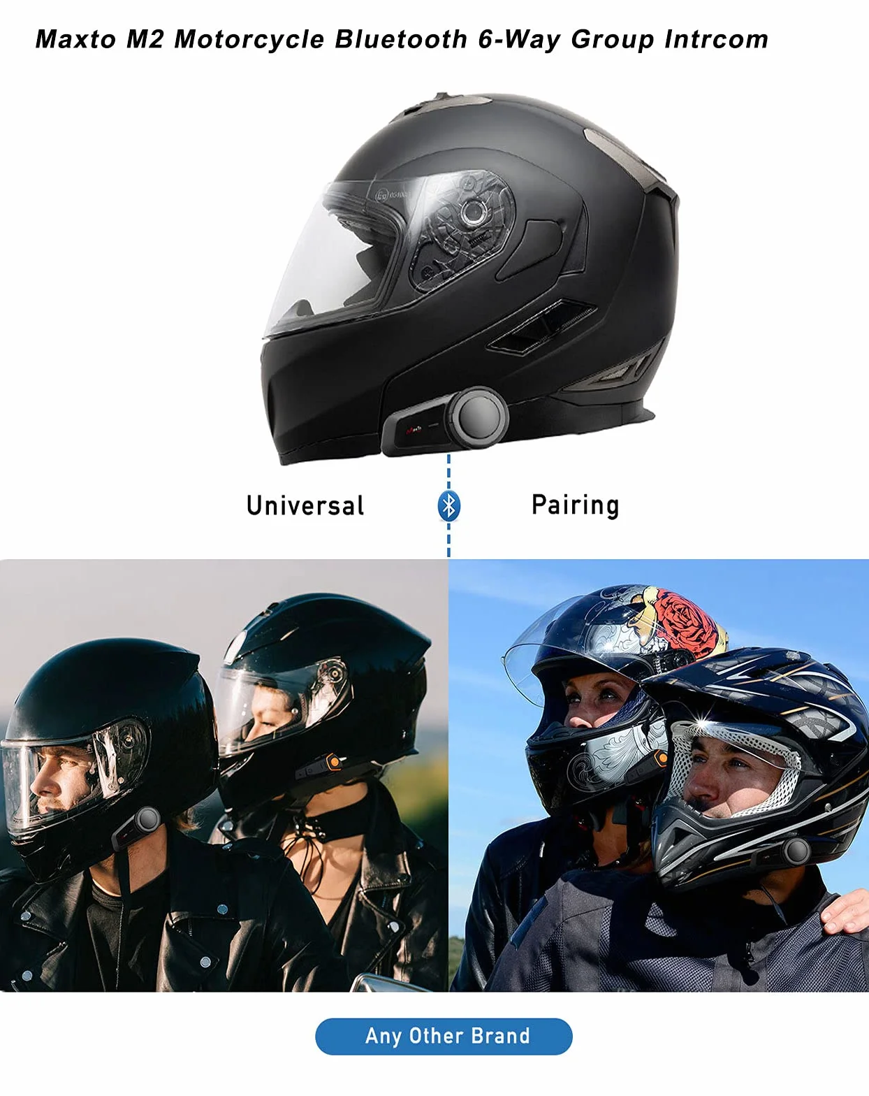 Maxto Motocyklowy zestaw słuchawkowy Bluetooth, M2 Systemy komunikacji z kaskiem motocyklowym, 6-kierunkowy BT5.0 Wodoodporny interkom, zasięg 1000 m, z radiem FM, Siri, wybieranie głosowe do jazdy na