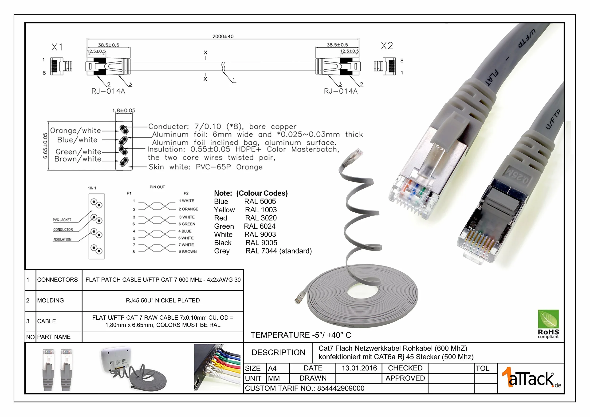 1aTTack.de 3 m - żółty - 1 sztuka kabel Ethernet Gigabit LAN CAT.7 (kabel sieciowy o wysokiej prędkości) 600 MHz, 10000 Mbit/s, smukły, patchkabel (kompatybilny z CAT5 CAT5e CAT6 CAT6a Cat8) wstążka