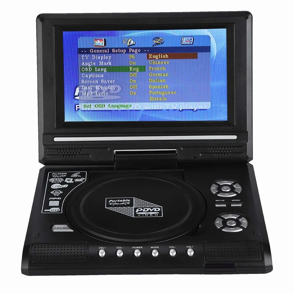 Przenośny odtwarzacz DVD, 7-calowy obrotowy ekran LCD HD TV z wbudowanym odczytem kart do lotów, podróży drogowych, obsługa DVD, SVCD, CD, CD-R/RW, samochodowy odtwarzacz DVD (EU)