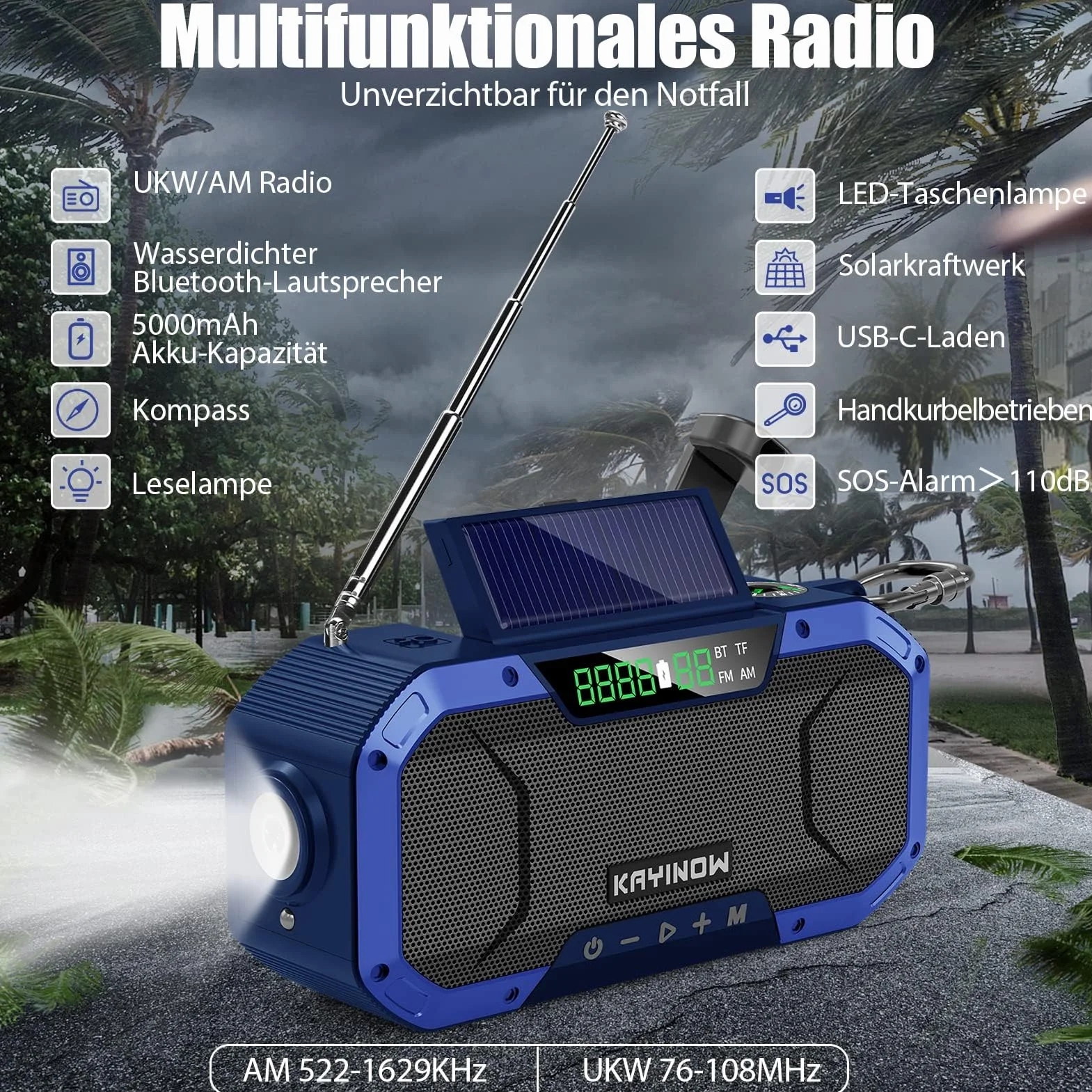 KAYINOW Dynamo Solar Survival Radio - Głośnik Bluetooth, wodoodporne przenośne radio AM FM, 5000 mAh, akumulator, korba akumulatorowa, wielofunkcyjne radio awaryjne, kemping, SOS, latarka