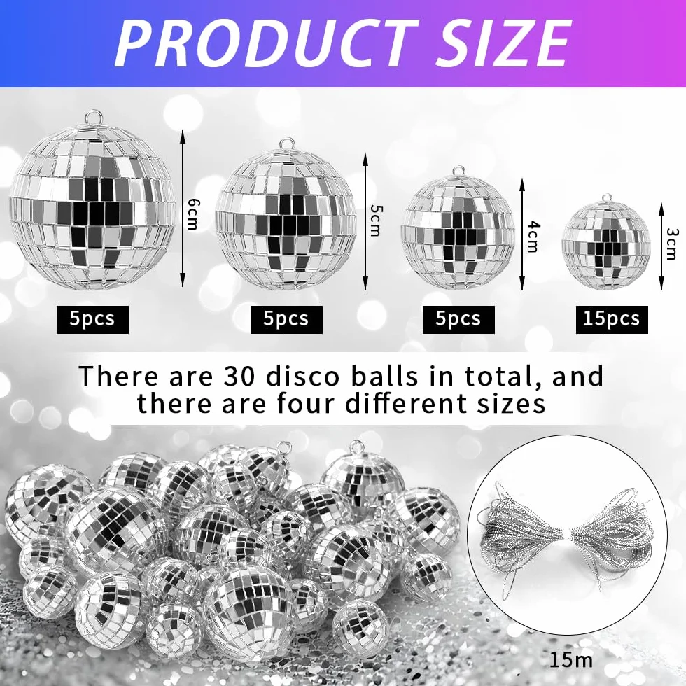 30 sztuk kul lustrzanych disco, zestaw kul dyskotekowych, srebrne wiszące kule, małe mini kule lustrzane, srebrne kule lustrzane, mirrorball, dekoracyjne kule dyskotekowe, klasyczne kule
