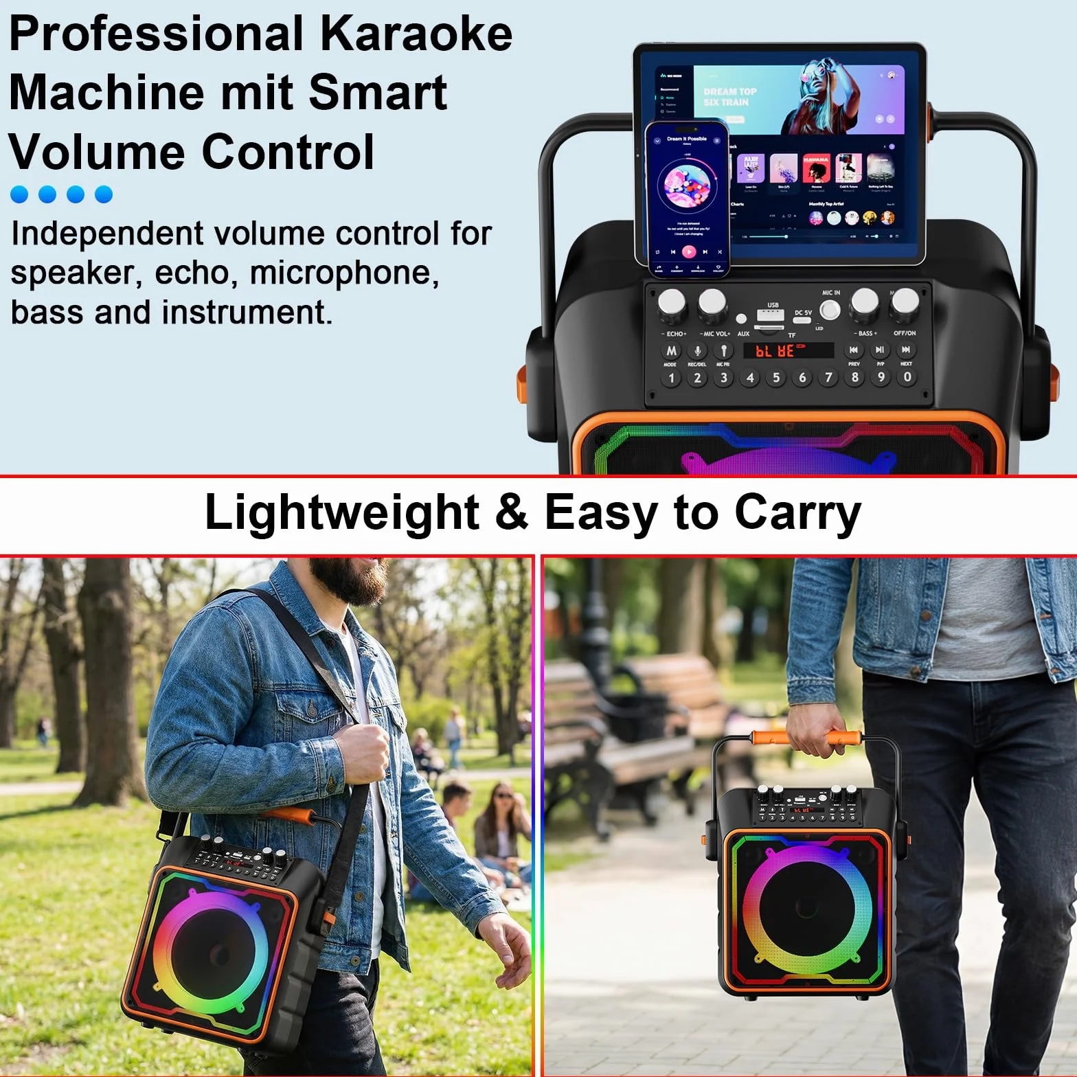 urządzenie do karaoke z 2 mikrofonami dla dorosłych i dzieci, Bluetooth głośnik z przedwzmacniaczem dla mikrofonów, przenośna instalacja do karaoke Bluetooth, box na imprezę do karaoke