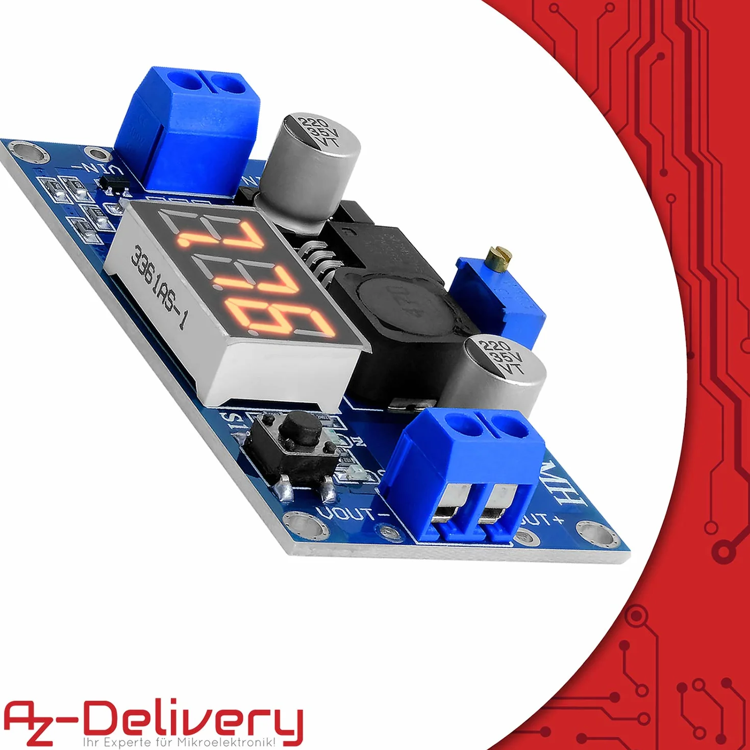 AZDelivery LM2596S step-down DC-DC buck converter moduł dla 4-40V do 3,3-24V z 3-cyfrowym wyświetlaczem cyfrowym i E-book w zestawie!