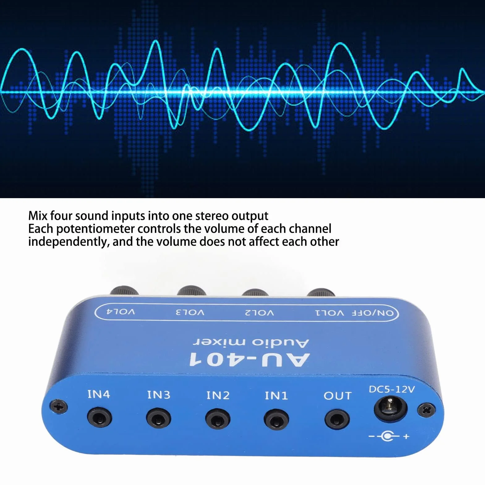 Mikser Stereofoniczny 4-kanałowy Mini, 4 w 1 Wyjście Regulacja Głośności 3,5 mm