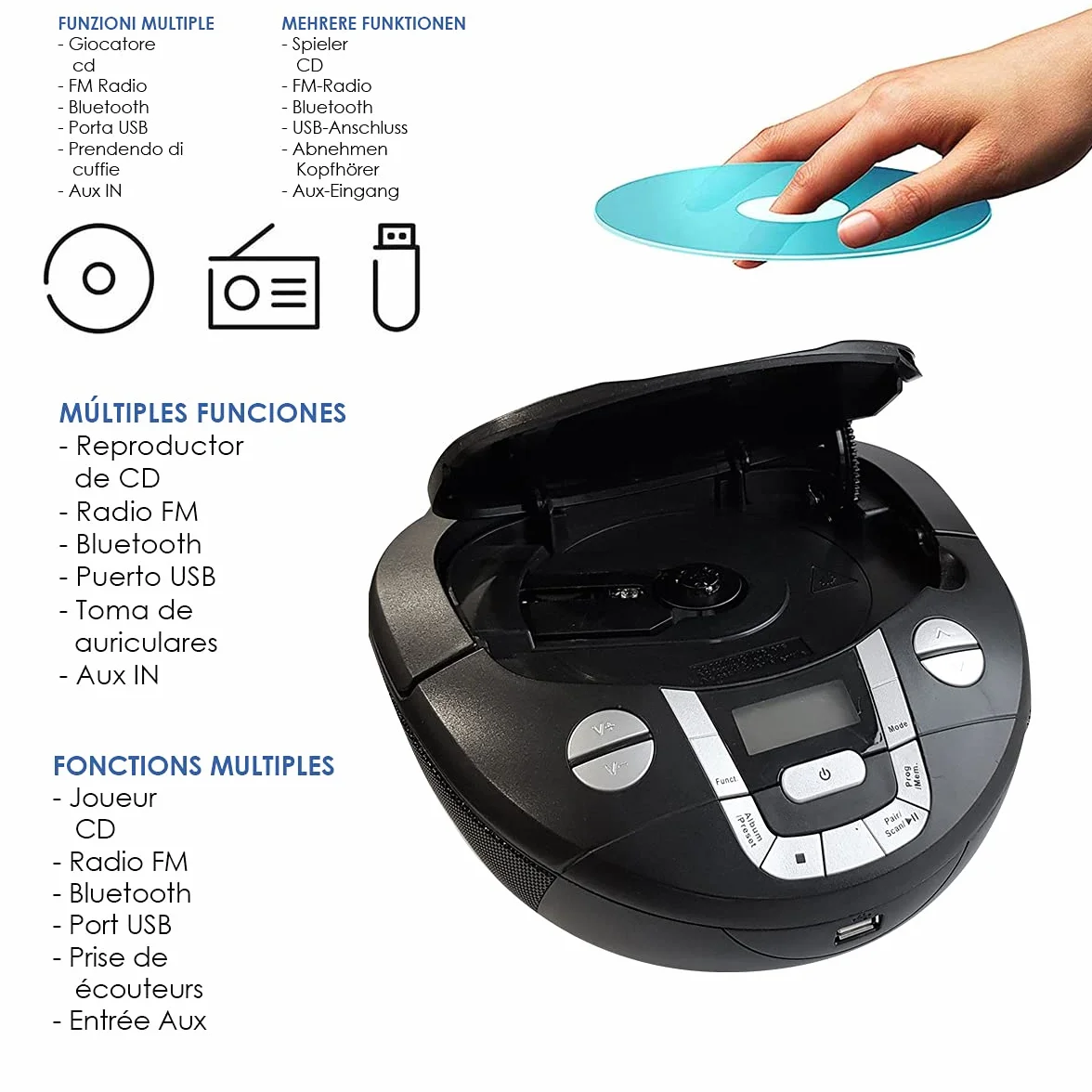 Boombox Przenośne radio CD Bluetooth BSL PCD-31 czarne | z mocą 2 W RMS | Radio FM i port USB odtwarzacz MP3 | Wyświetlacz LCD | AUX IN | Wyjście słuchawkowe