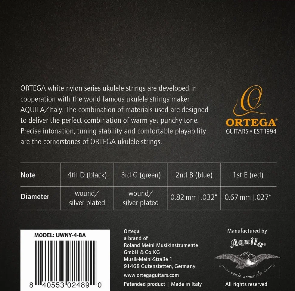 Ortega Guitars Struny do ukulele barytonowego – seria strun wykonanych na zamówienie – nylon/posrebrzane (UWNY-4-BA)