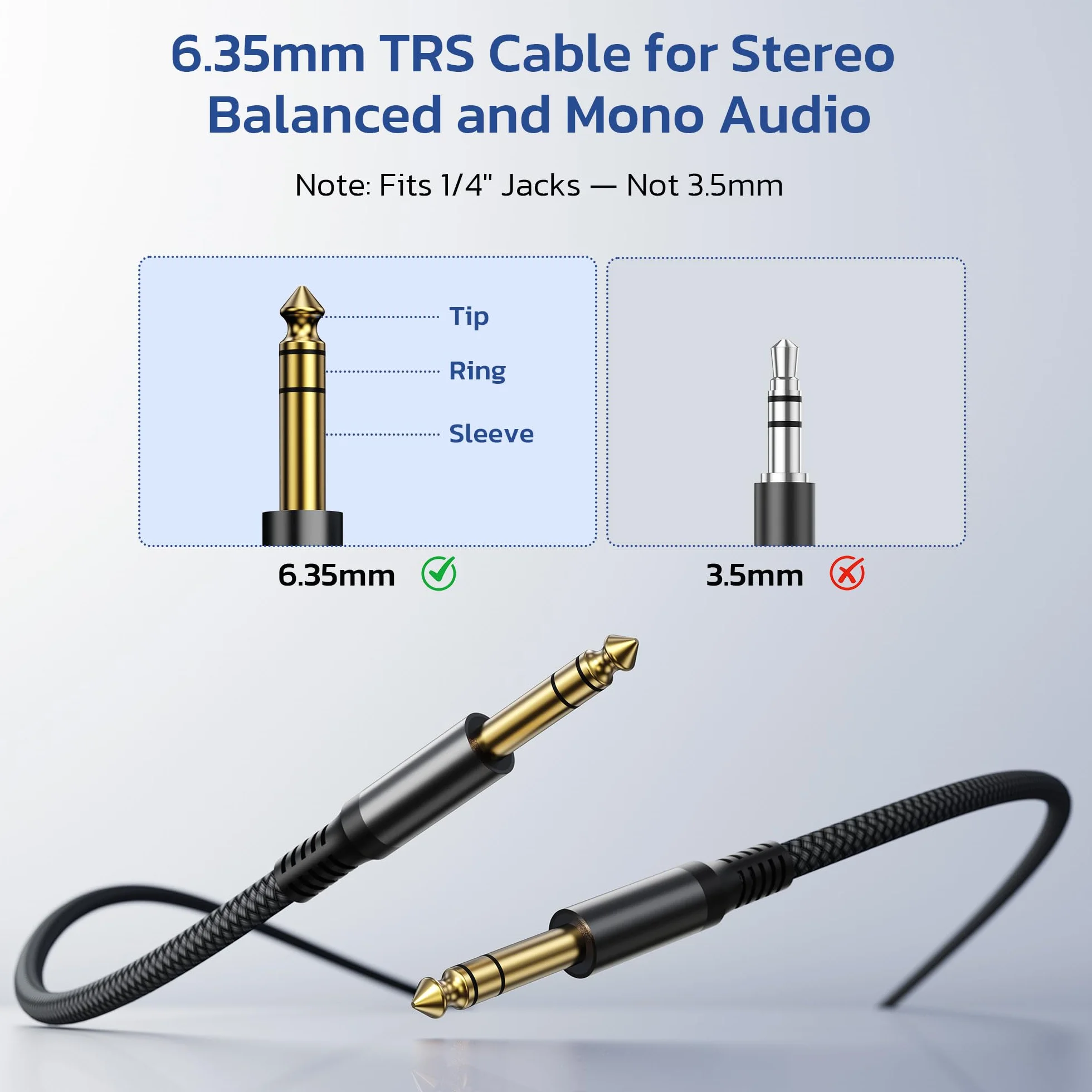 RUXELY Kabel instrumentu 6,35 mm TRS 1M 2-Pack, Lead Balansowany Stereo Audio 1/4 Cal męski 6.3 Jack,Cord 6.35 do gitary elektrycznej,bas,Klawiatura,Mikser,Wzmacniacz Amp,Głośnik