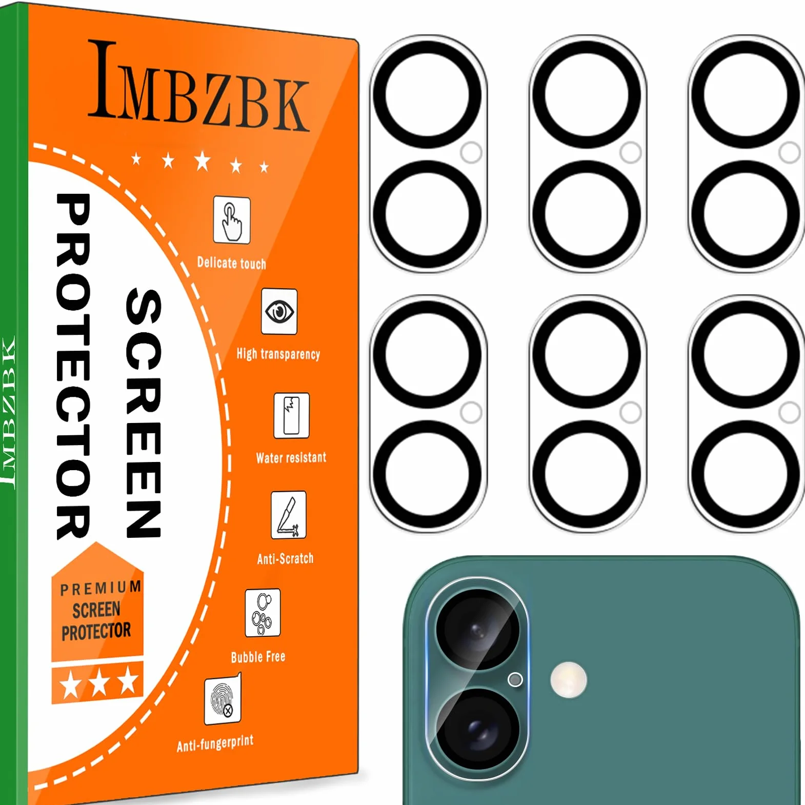 IMBZBK 6-pak ochraniaczy obiektywu aparatu do iPhone 16/iPhone 16 Plus akcesoria osłona aparatu osłona ekranu 9H szkło hartowane niezniszczalna ochrona etui przyjazne dla obudowy