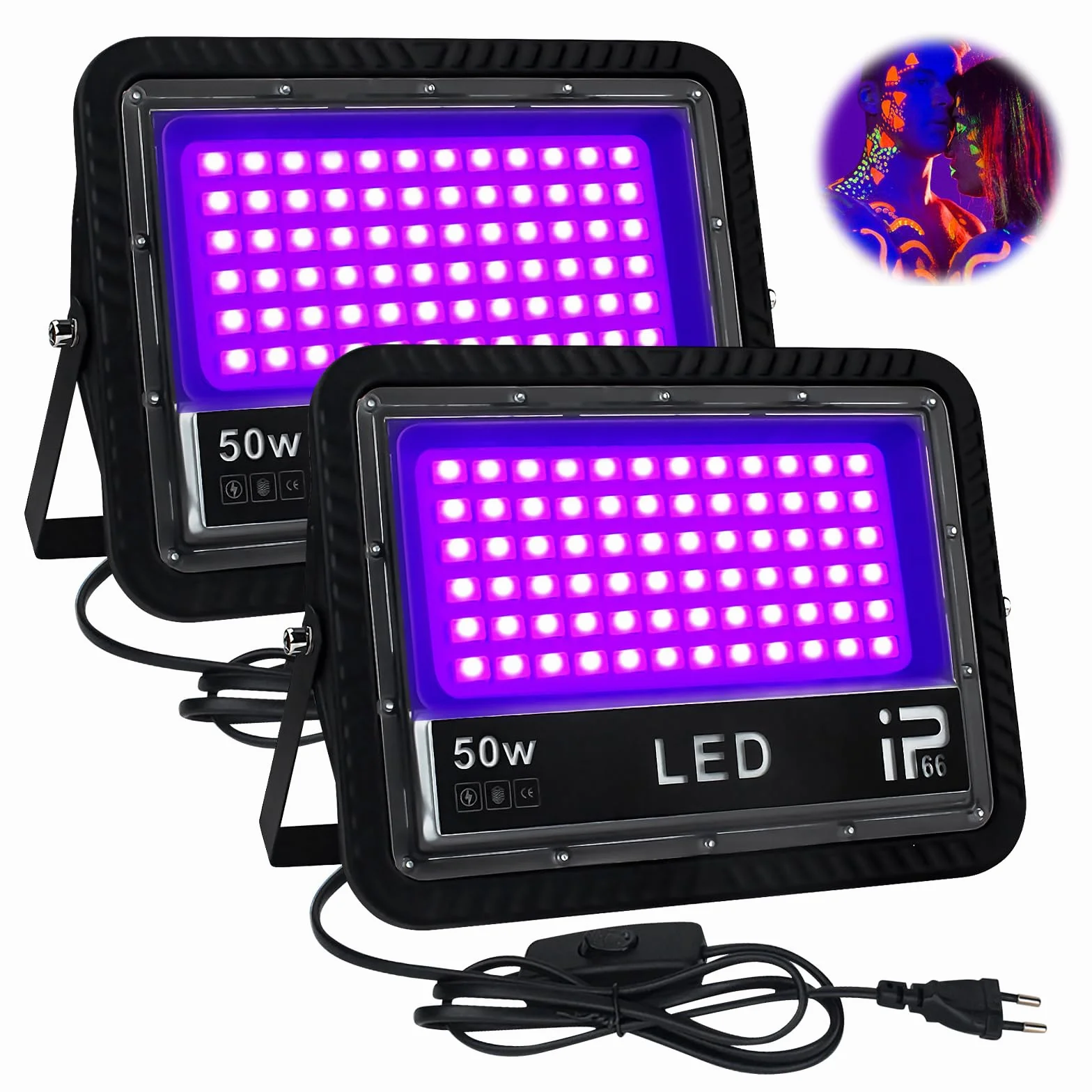 2 sztuki reflektorów UV LED z czarnym światłem 50 W, reflektor LED UV, wodoszczelny, czarne światło, światło UV z przełącznikiem, nadaje się na imprezy, oświetlenie sceniczne, malowanie ciała, wystawy